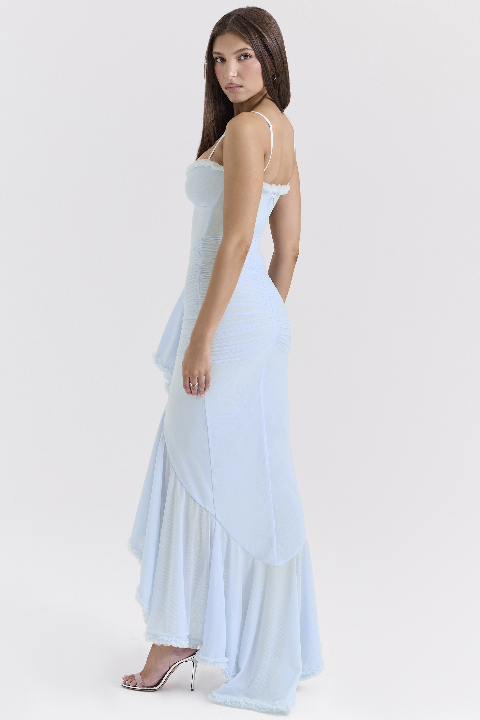 Gabbi Ice Blue Mesh Ruffled Front Gown