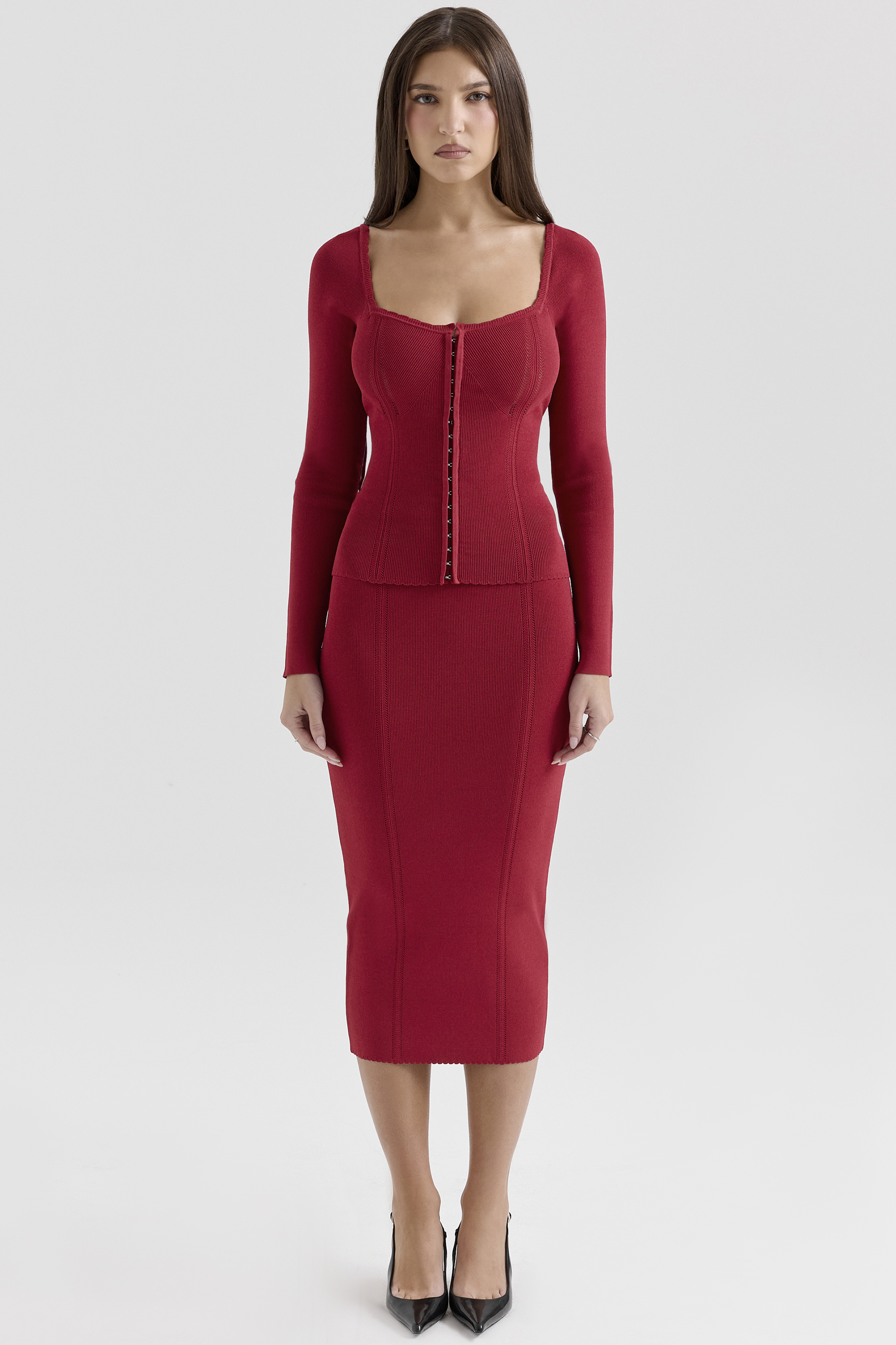 Eliane Red Bodycon Midi Skirt