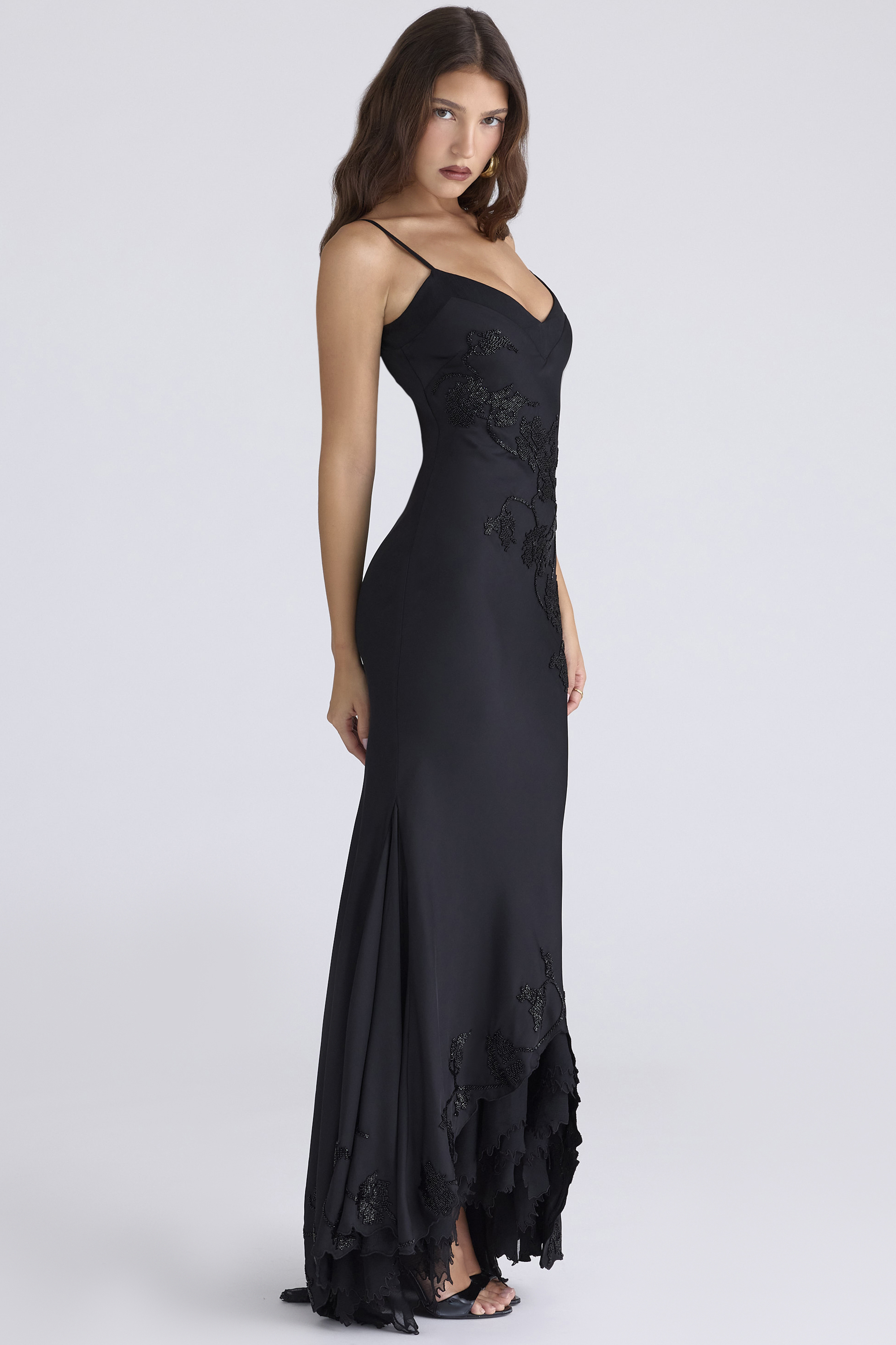 Anastelle Black Hand Beaded Embellished Satin Maxi Dress - Limited Edition