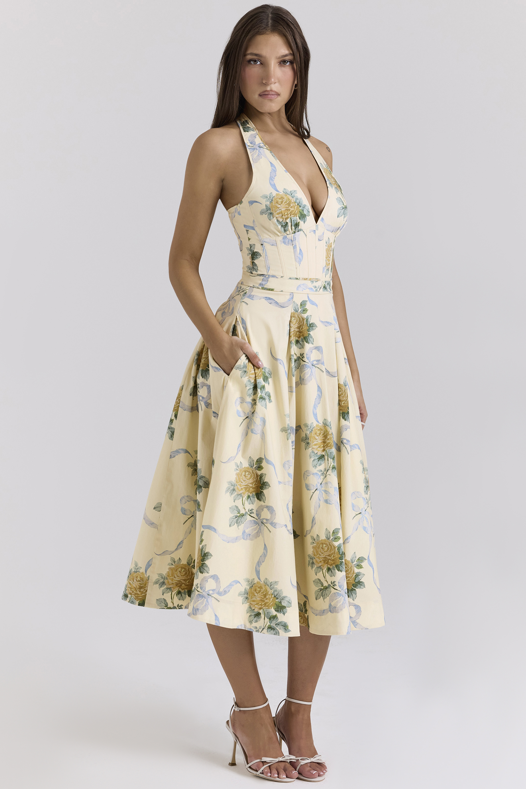 Allena Lemon Ribbon Stretch Cotton Halter Midi Sundress