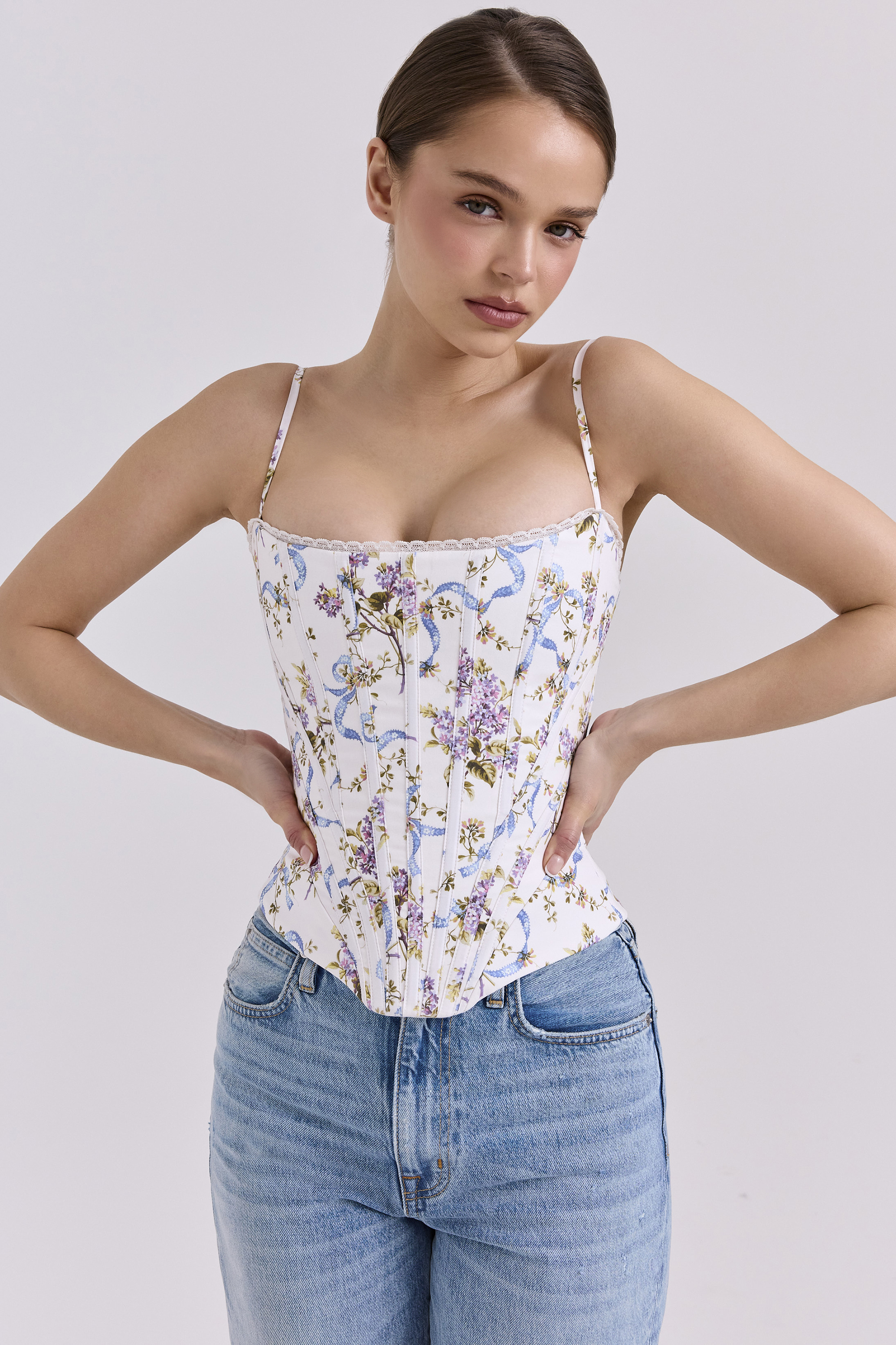 Cadie White Floral Ribbon Print Cotton Corset Top