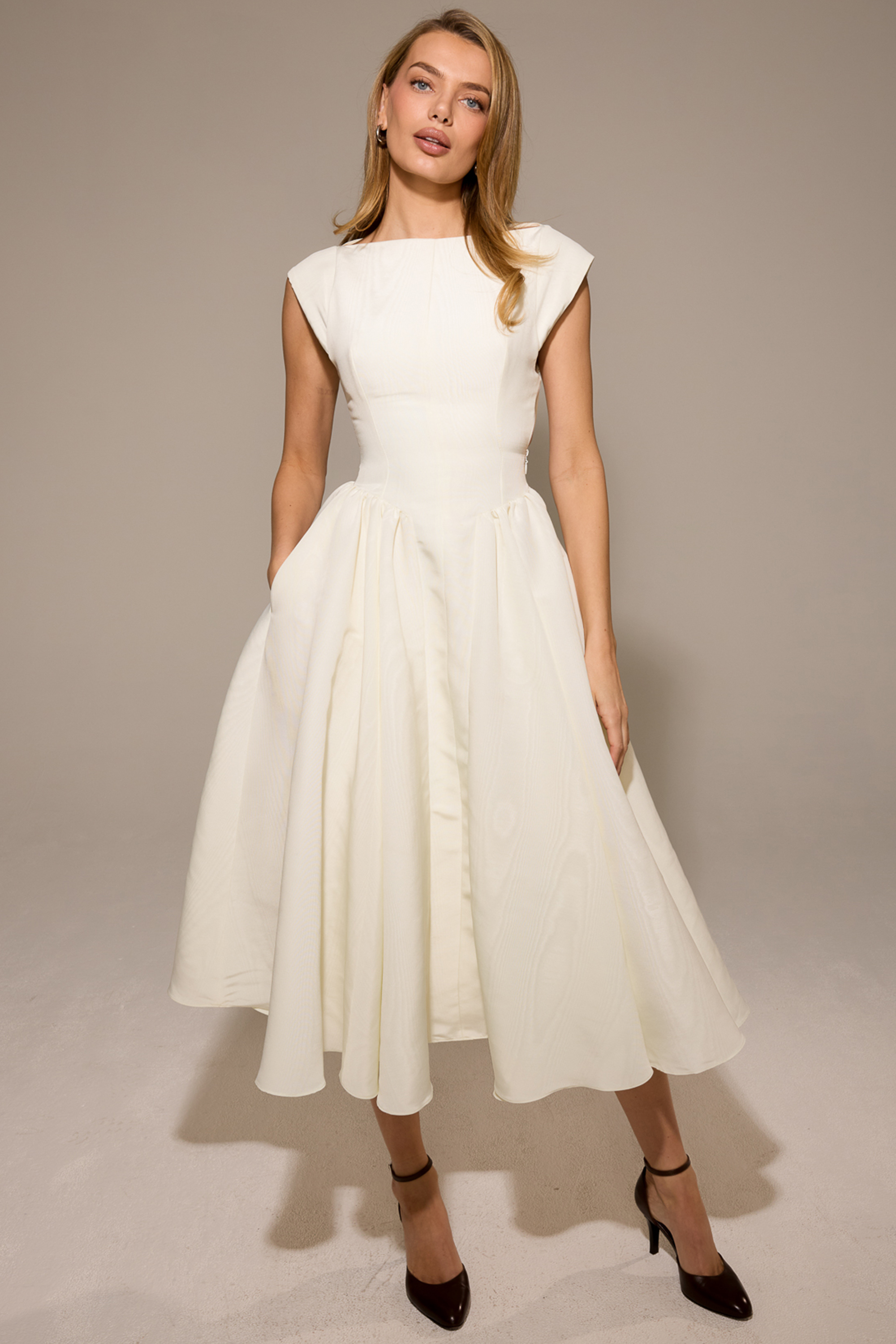 Debutante Ivory Moire Satin Midi Dress