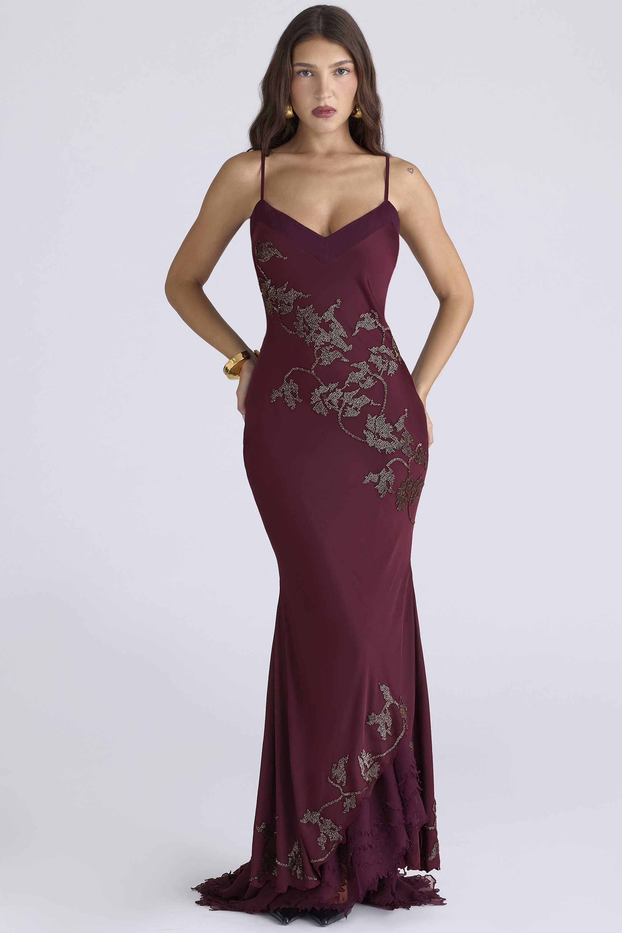 Anastelle Plum Hand Beaded Embellished Satin Maxi Gown - Limited Edition