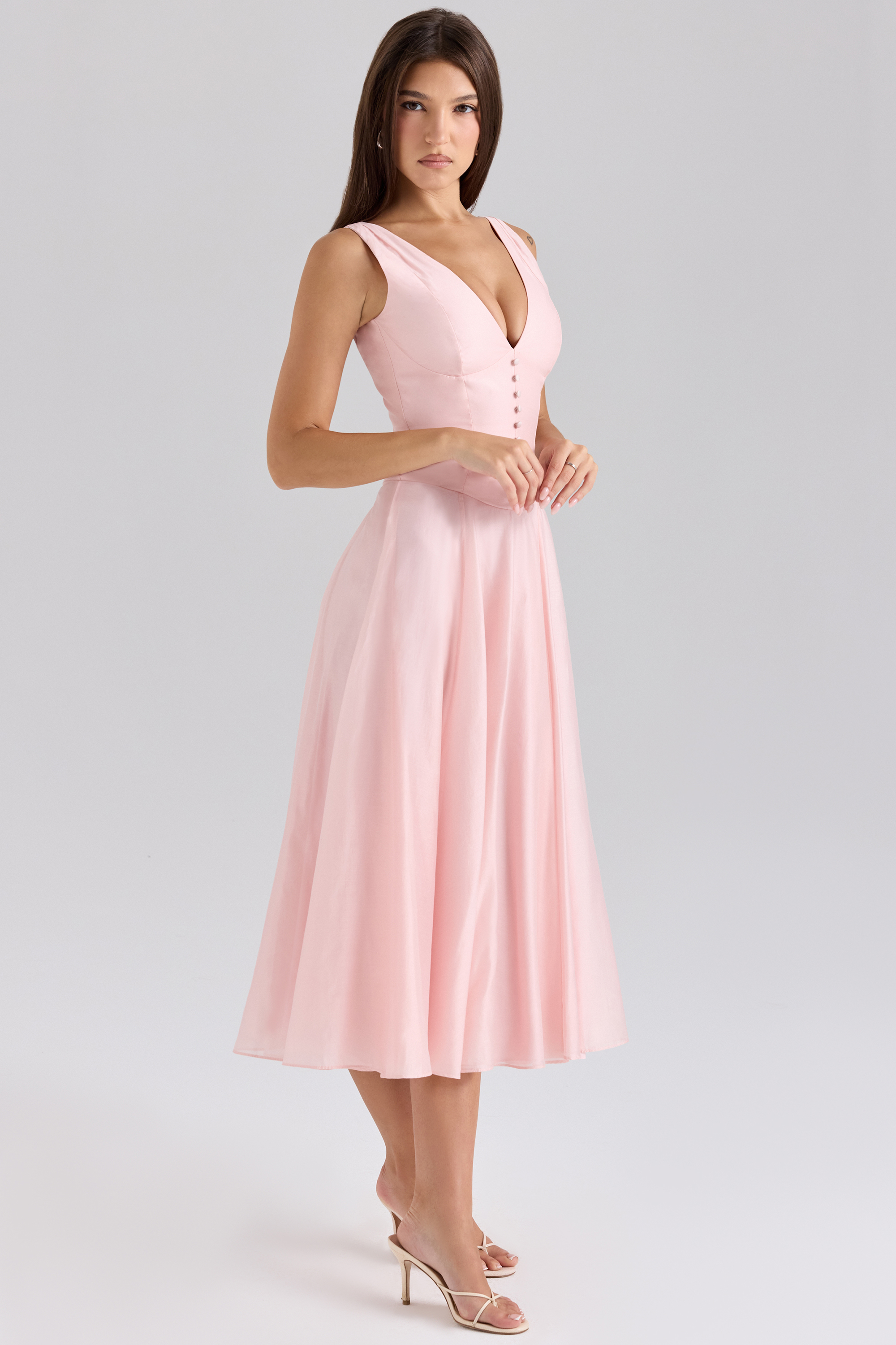 Samira Pink Chiffon Button Midi Dress