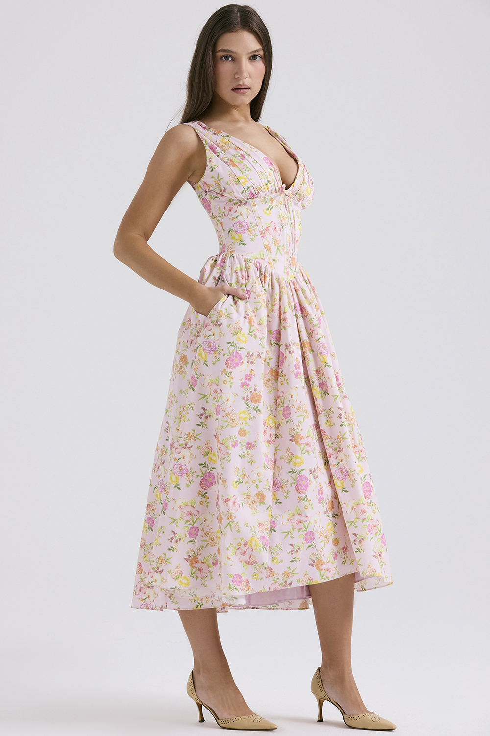 Emmelina Pink Meadow Print Cotton Corset Sundress