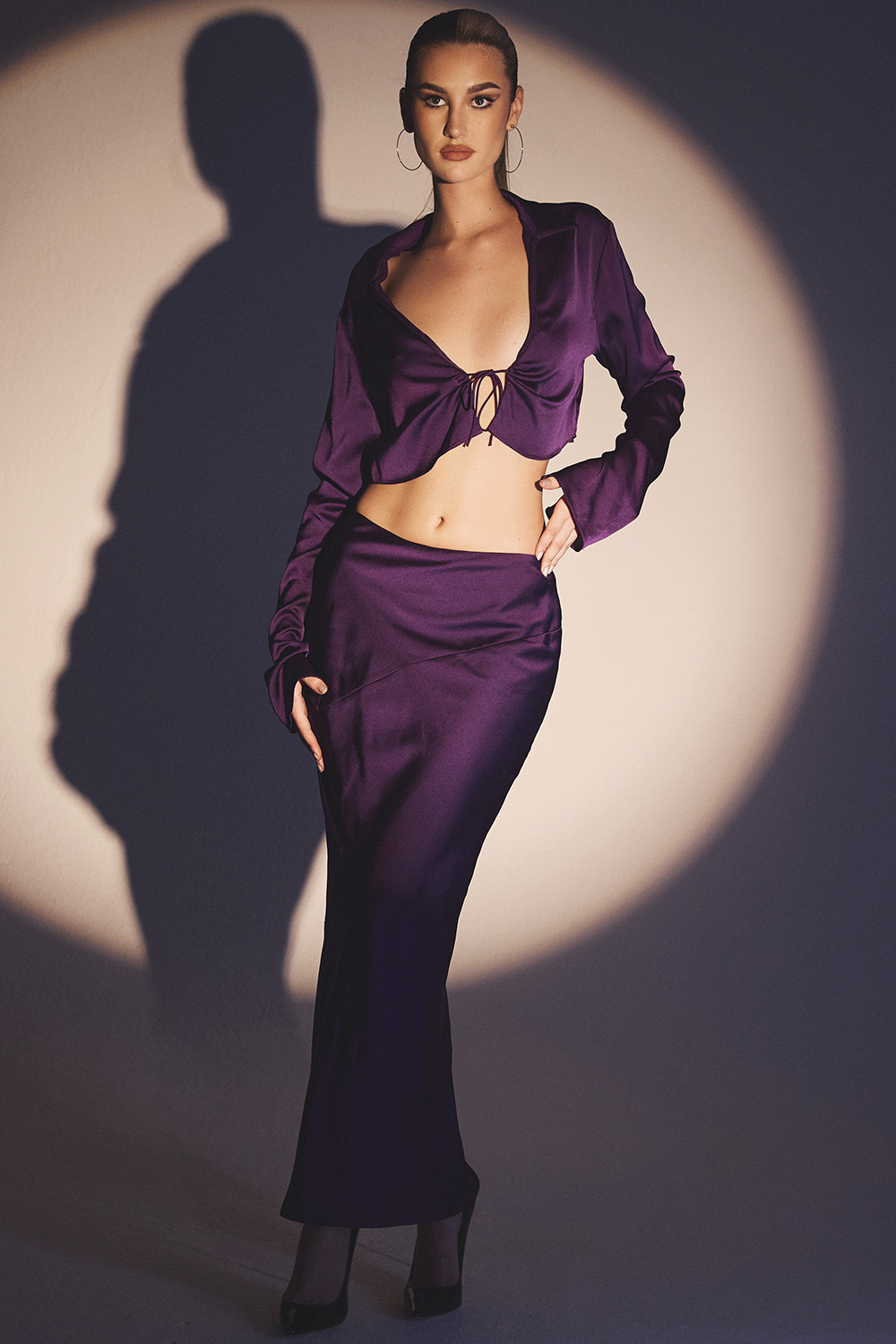 Colette Grape Satin Low Waist Midi Skirt