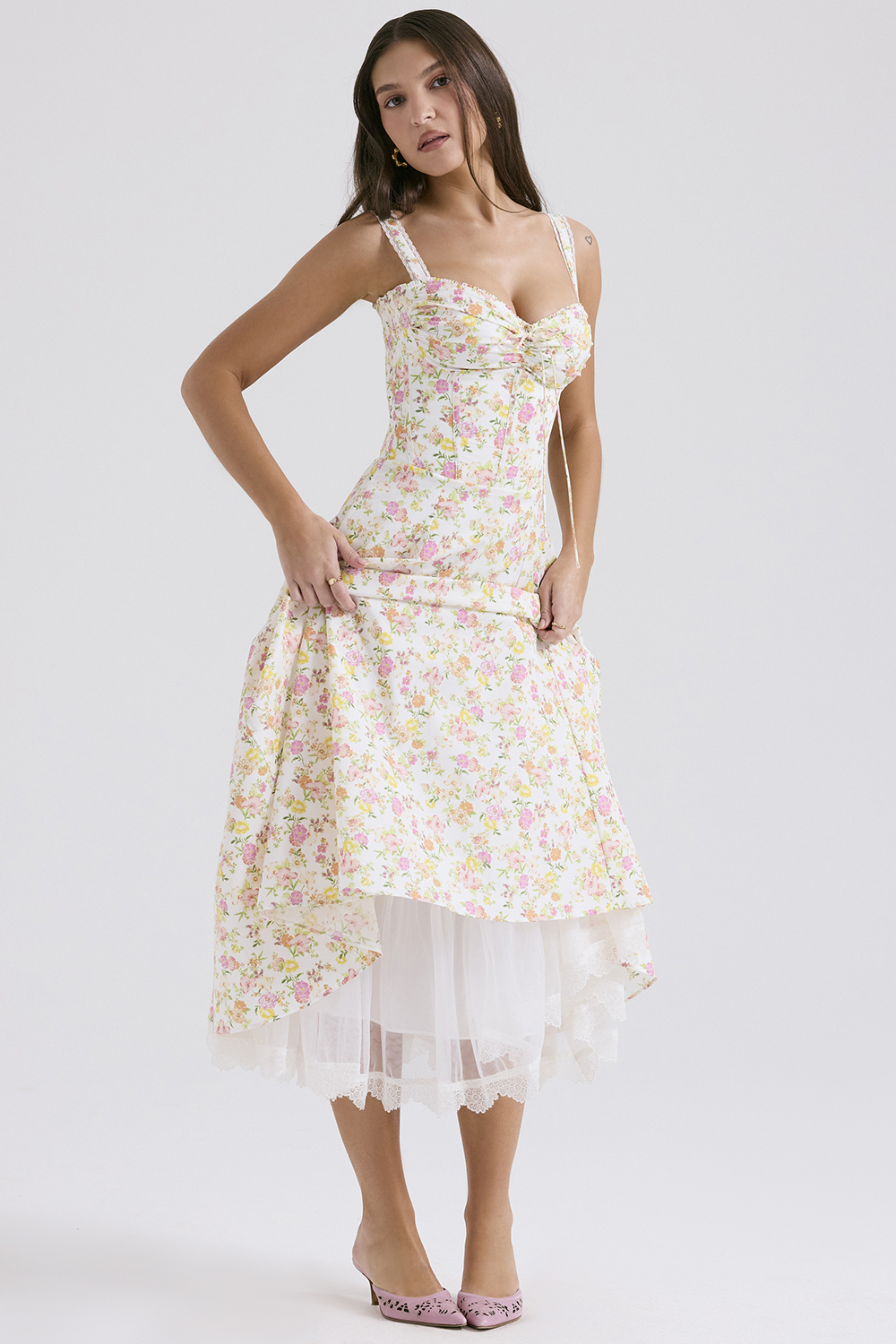 Rosalee Ivory Meadow Print Cotton Bustier Sundress