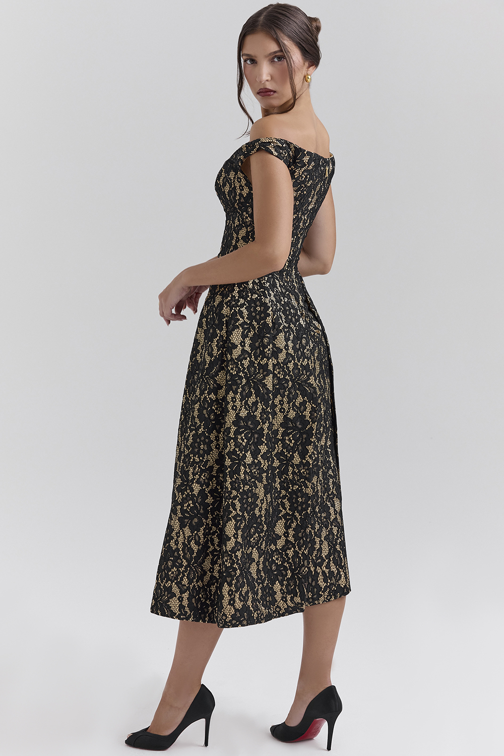 Charming Black Gold Lace Off Shoulder Midi Gown