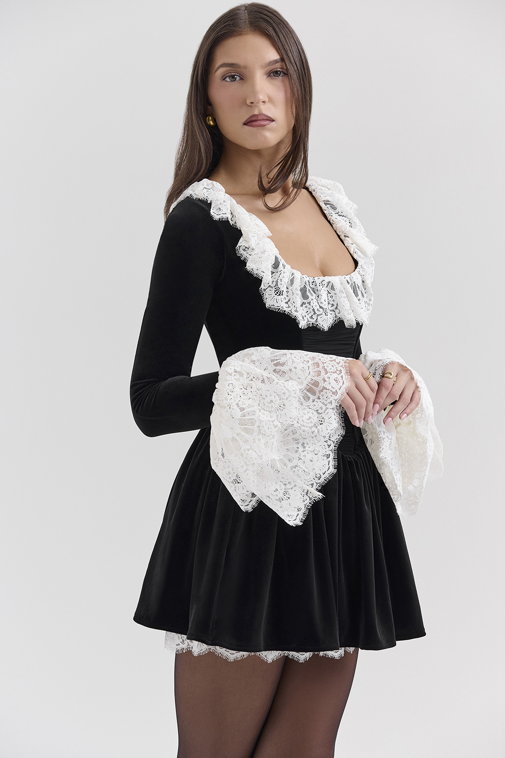 Czarina Black Velvet Lace Trimmed Mini Dress - SALE