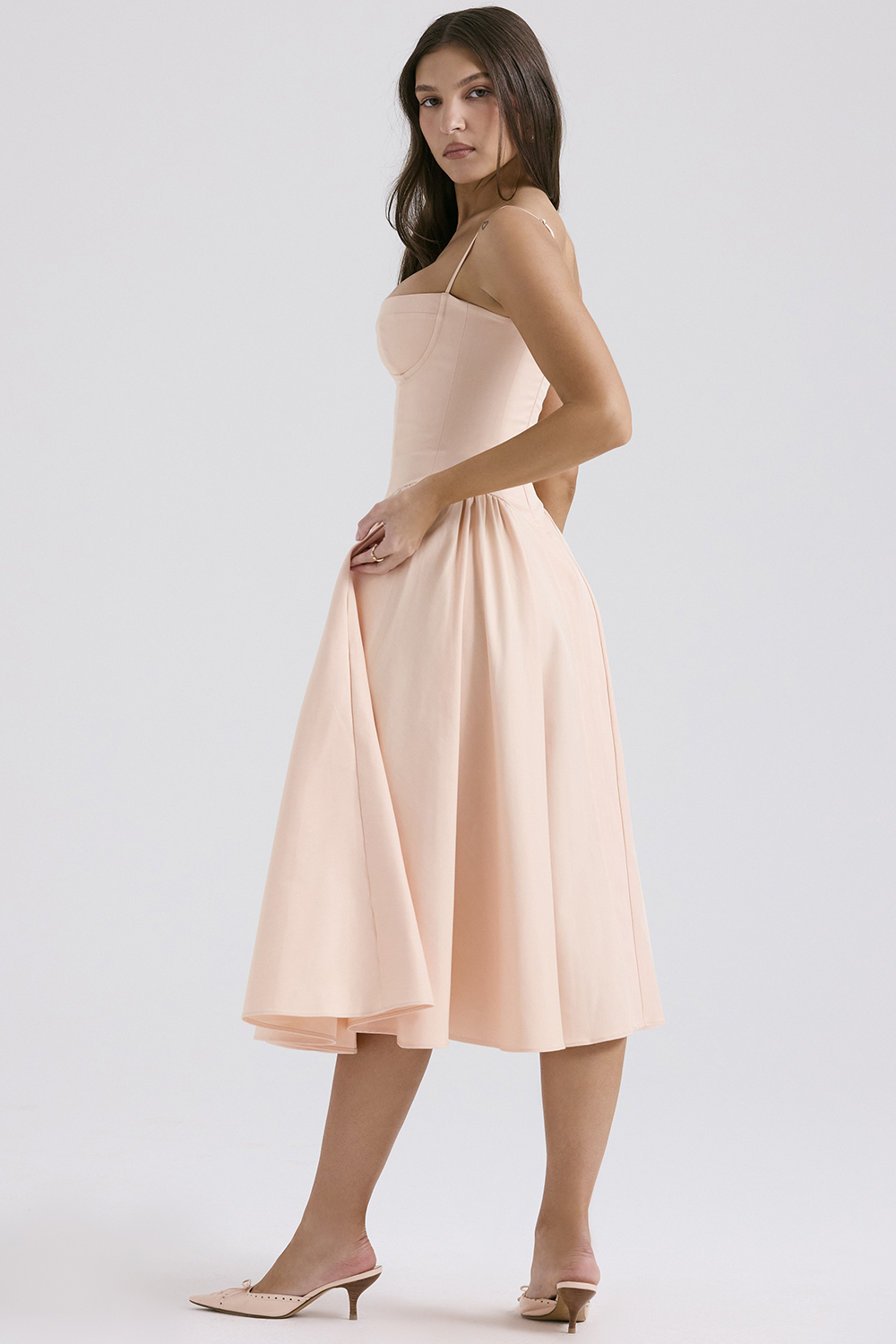 Samaria Peach Parfait Twill Corset Midi Dress