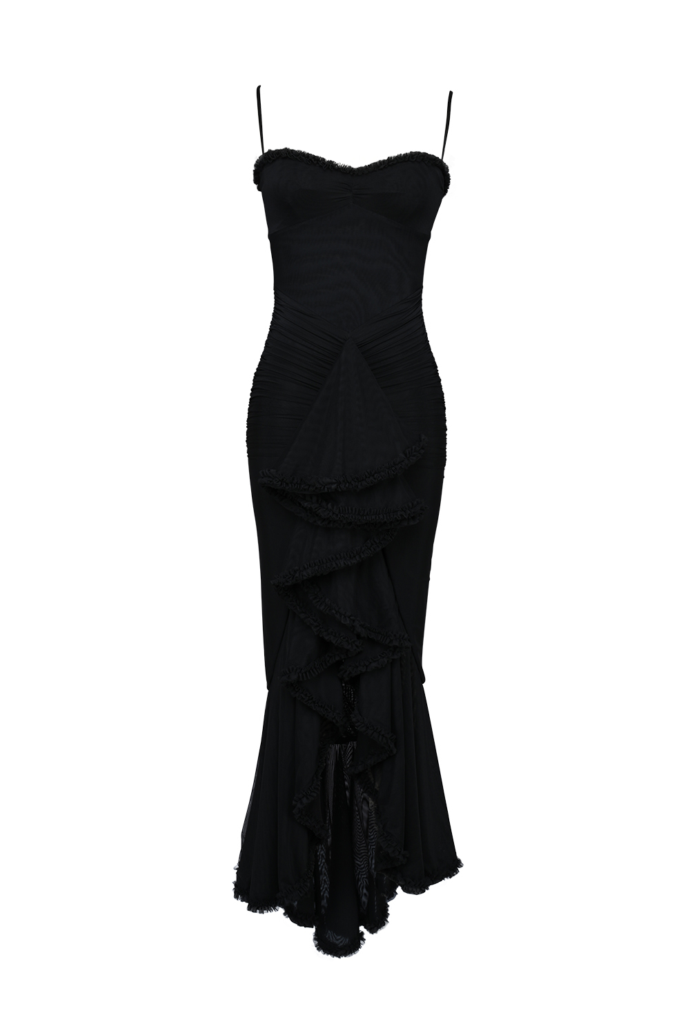 Gabbi Black Mesh Ruffled Front Gown