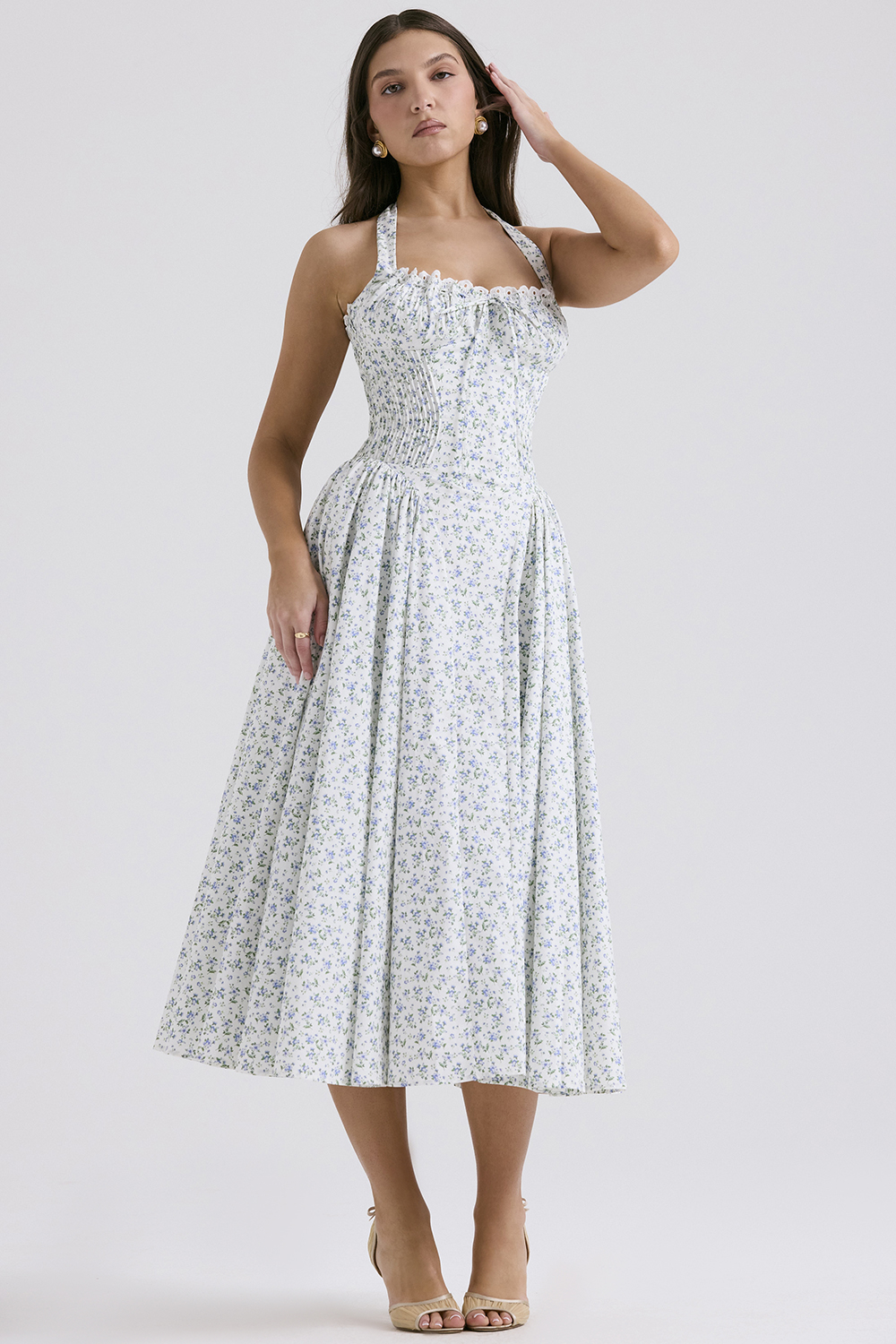 Adabella White Bluebell Print Cotton Halter Sundress