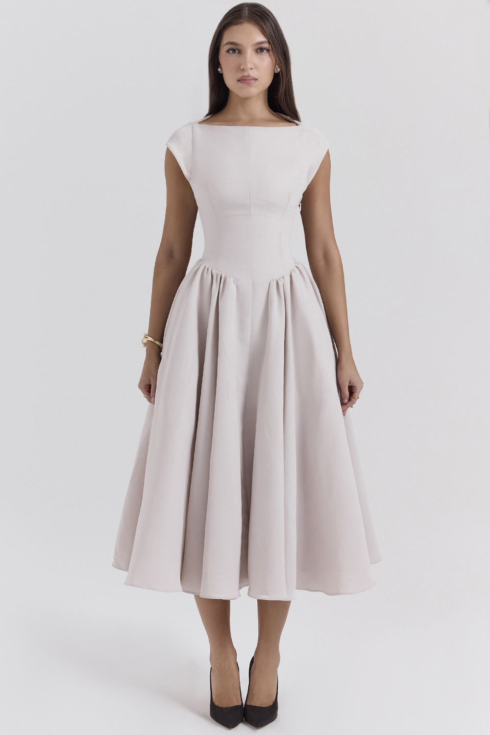 Debutante French Dove Moire Satin Backless Midi Dress