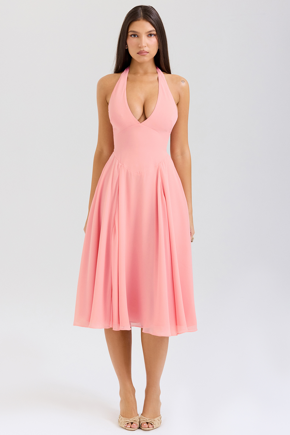 Solada Peach Georgette Halter Sundress