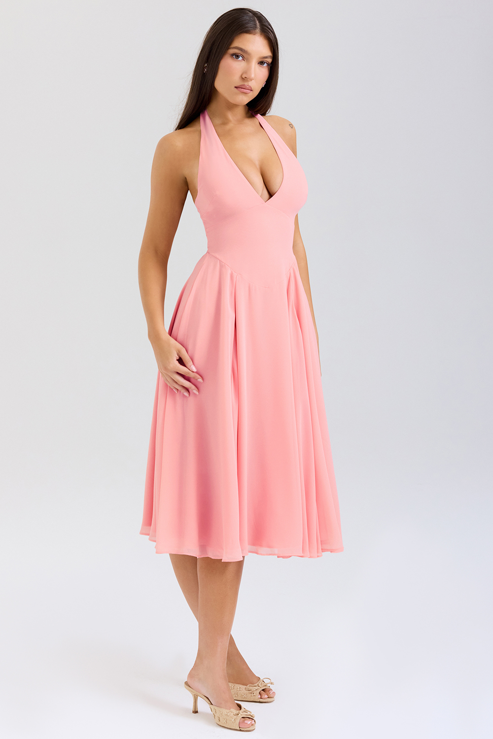 Solada Peach Georgette Halter Sundress