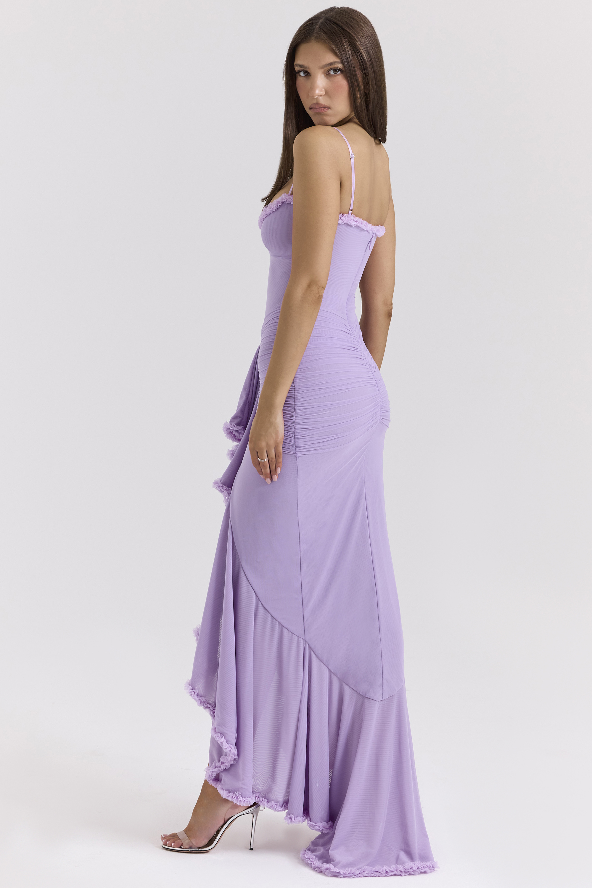 Gabbi Orchid Mesh Ruffled Front Gown