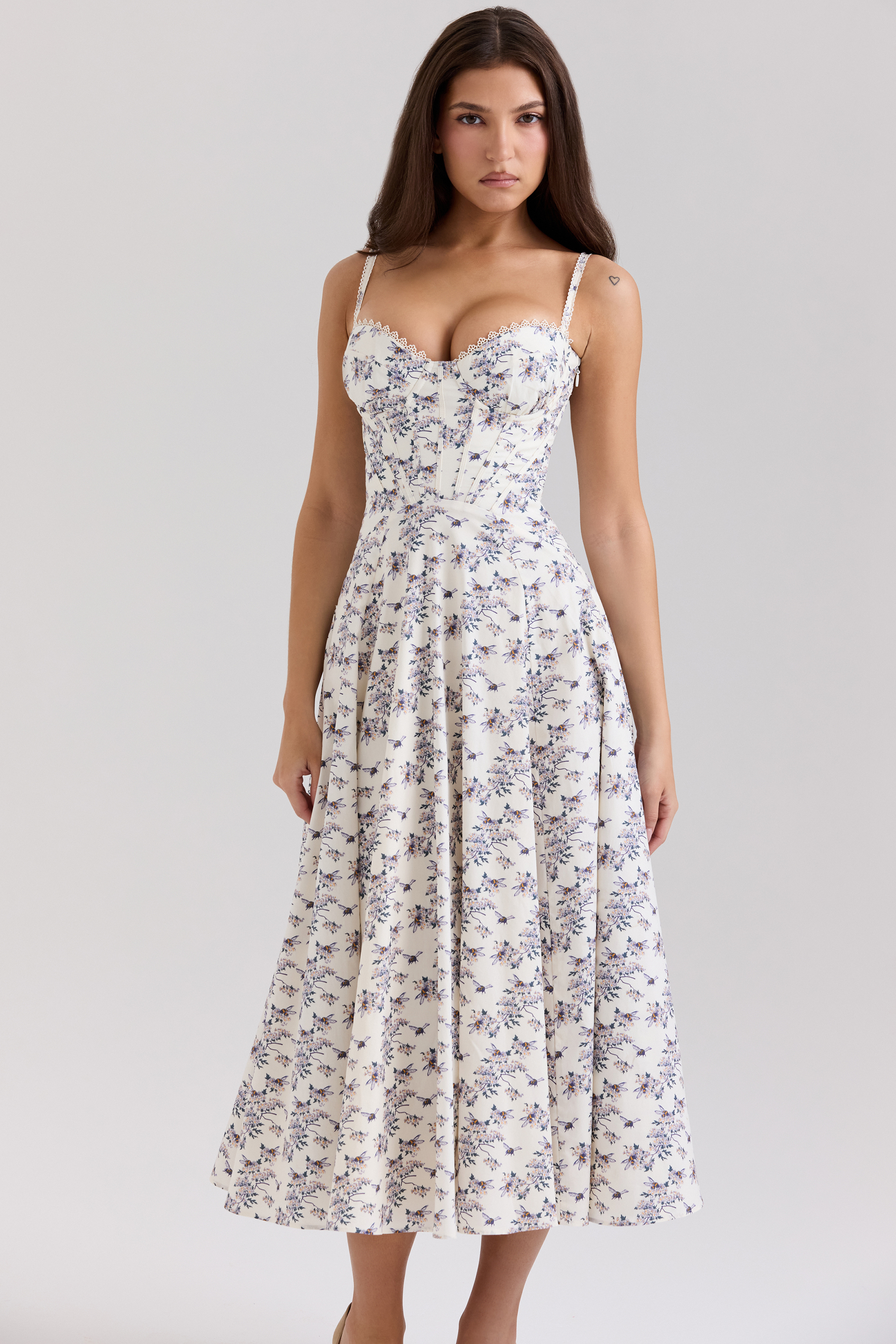 Steffani Cream Stretch Cotton Floral Print Midi Sundress