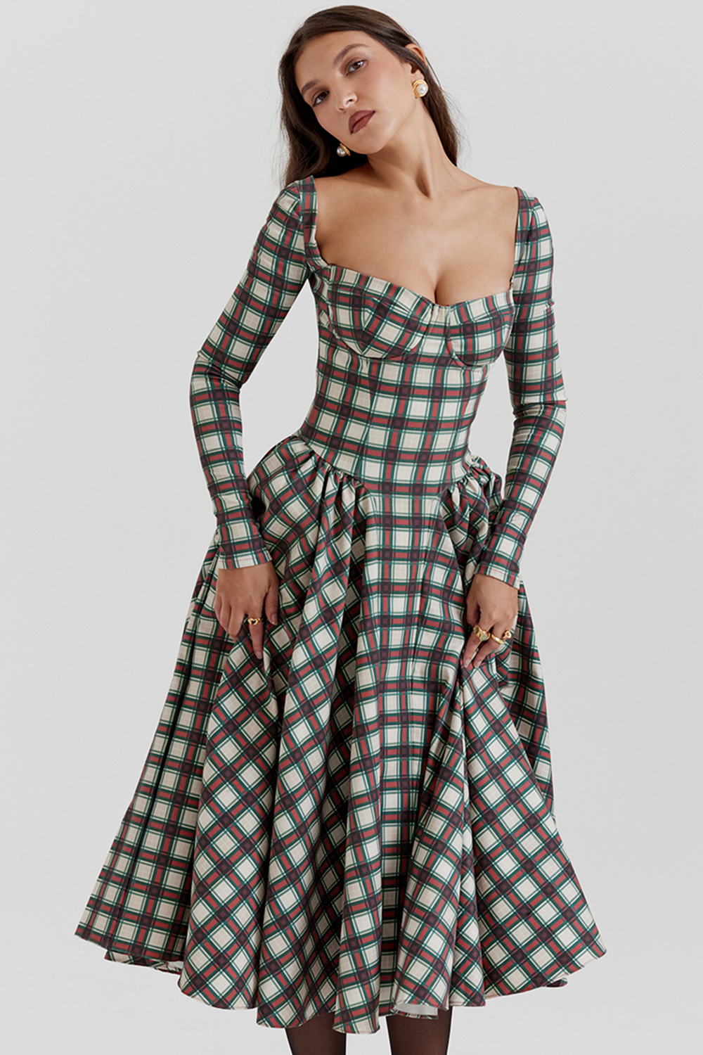 Eliza Red Tartan Corset Midi Dress