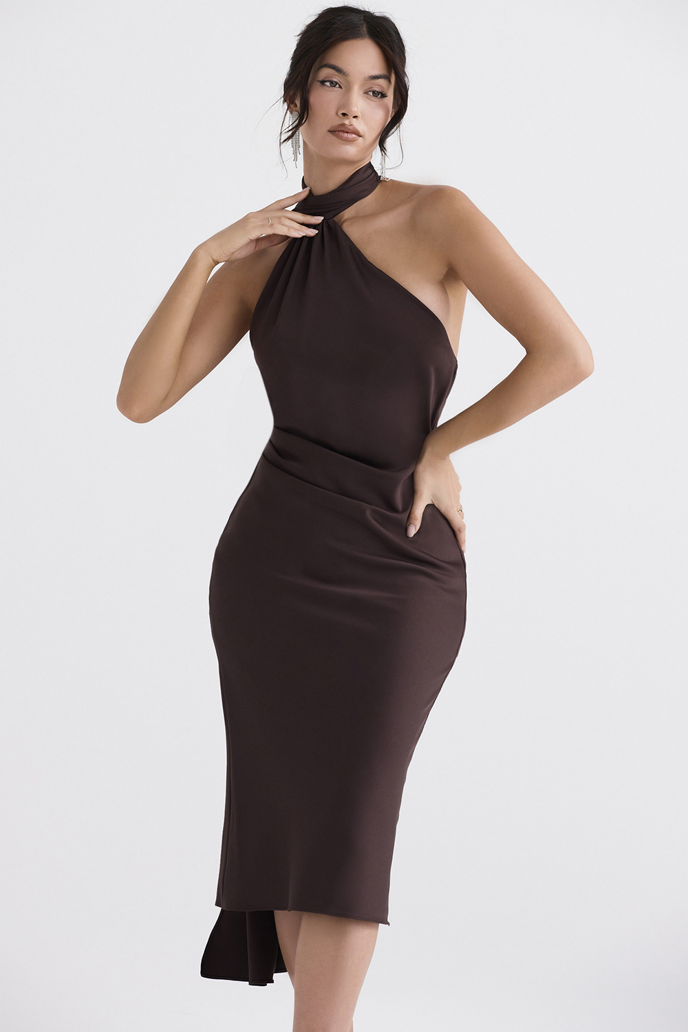 Angelina Chocolate Wrap Neck Midi Dress