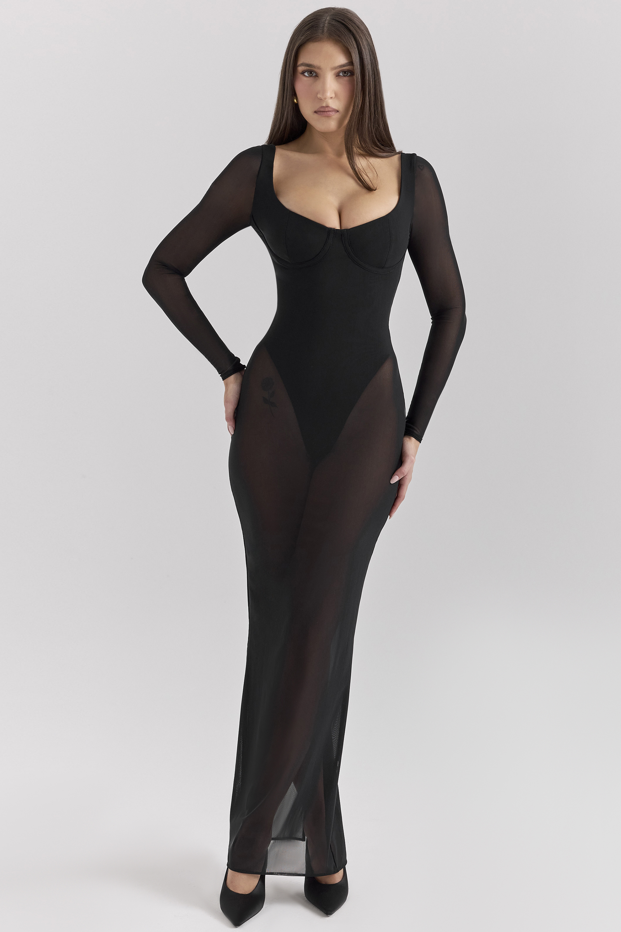 Everly Black Mesh Maxi Dress with Bodysuit