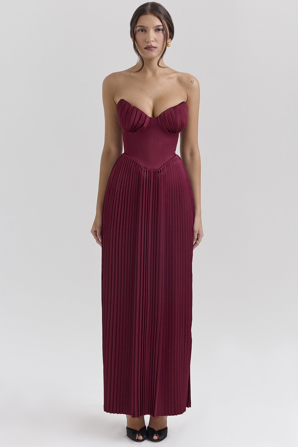 Marcella Berry Pleated Satin Maxi Dress