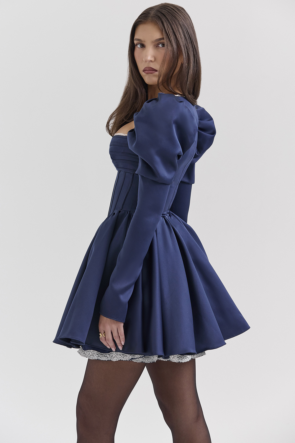 Venetia Midnight Satin Puff Sleeve Mini Dress - SALE