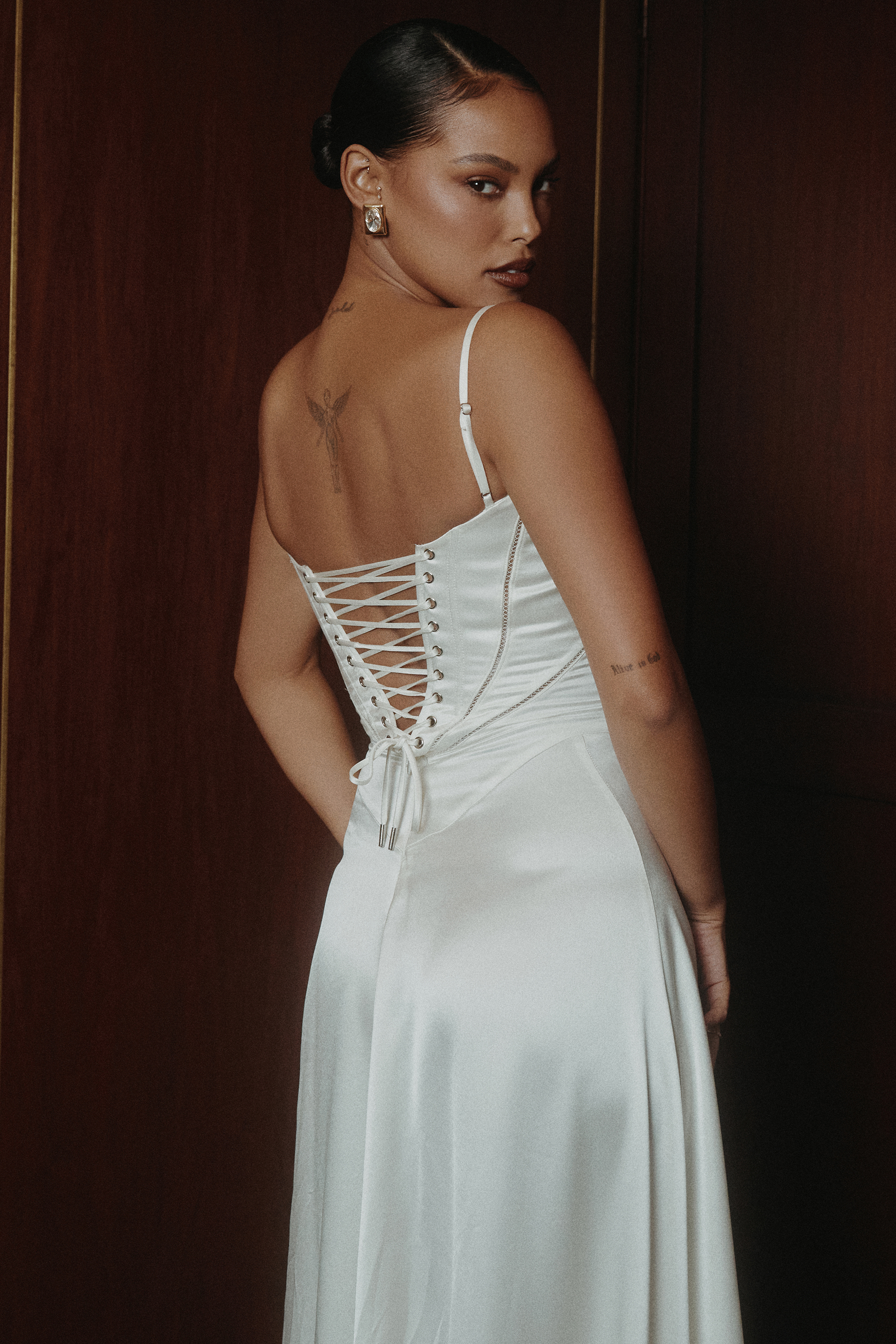 Anabella Ivory Satin Lace Up Maxi Dress