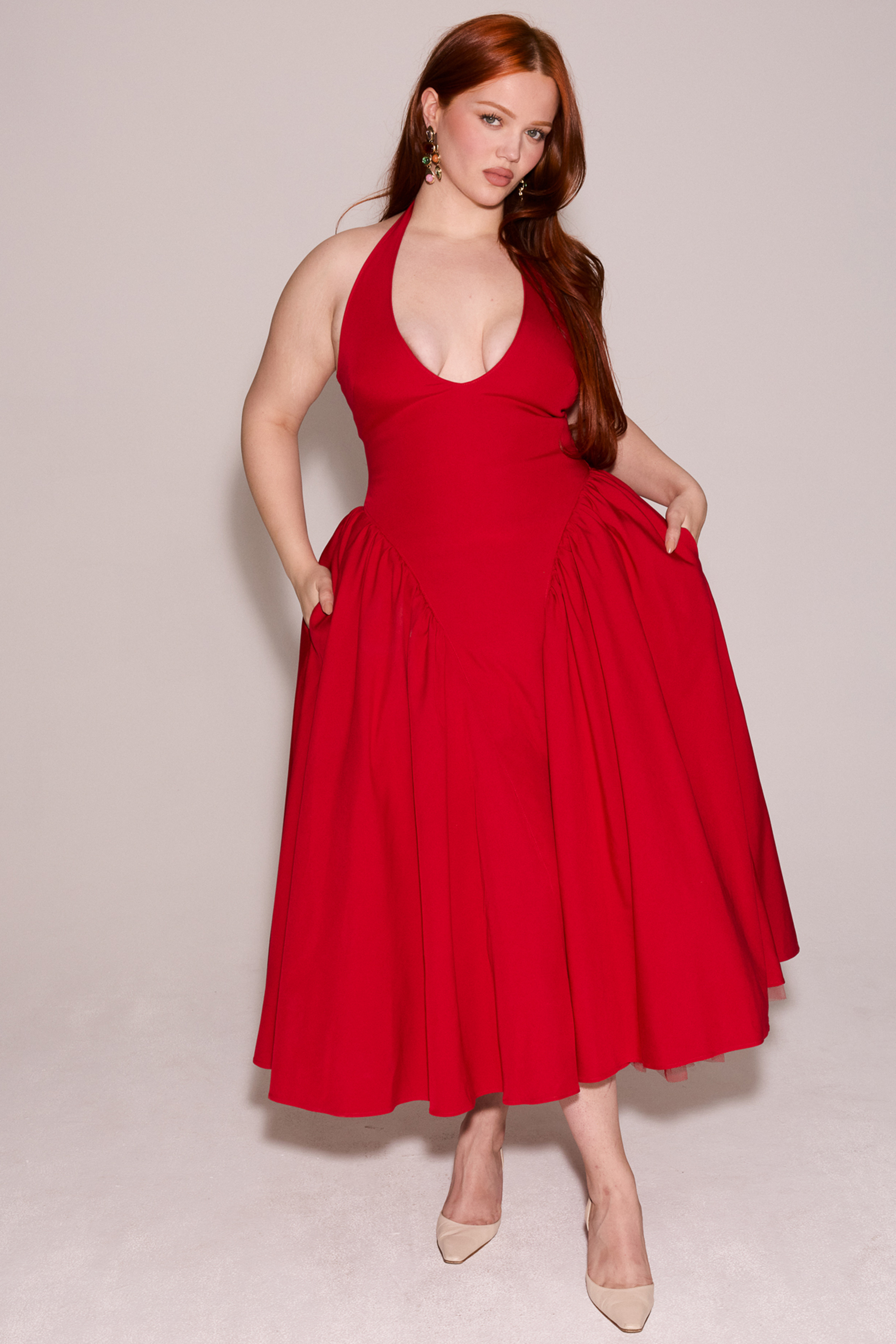 Marilyn Red Twill Halter Midi Dress