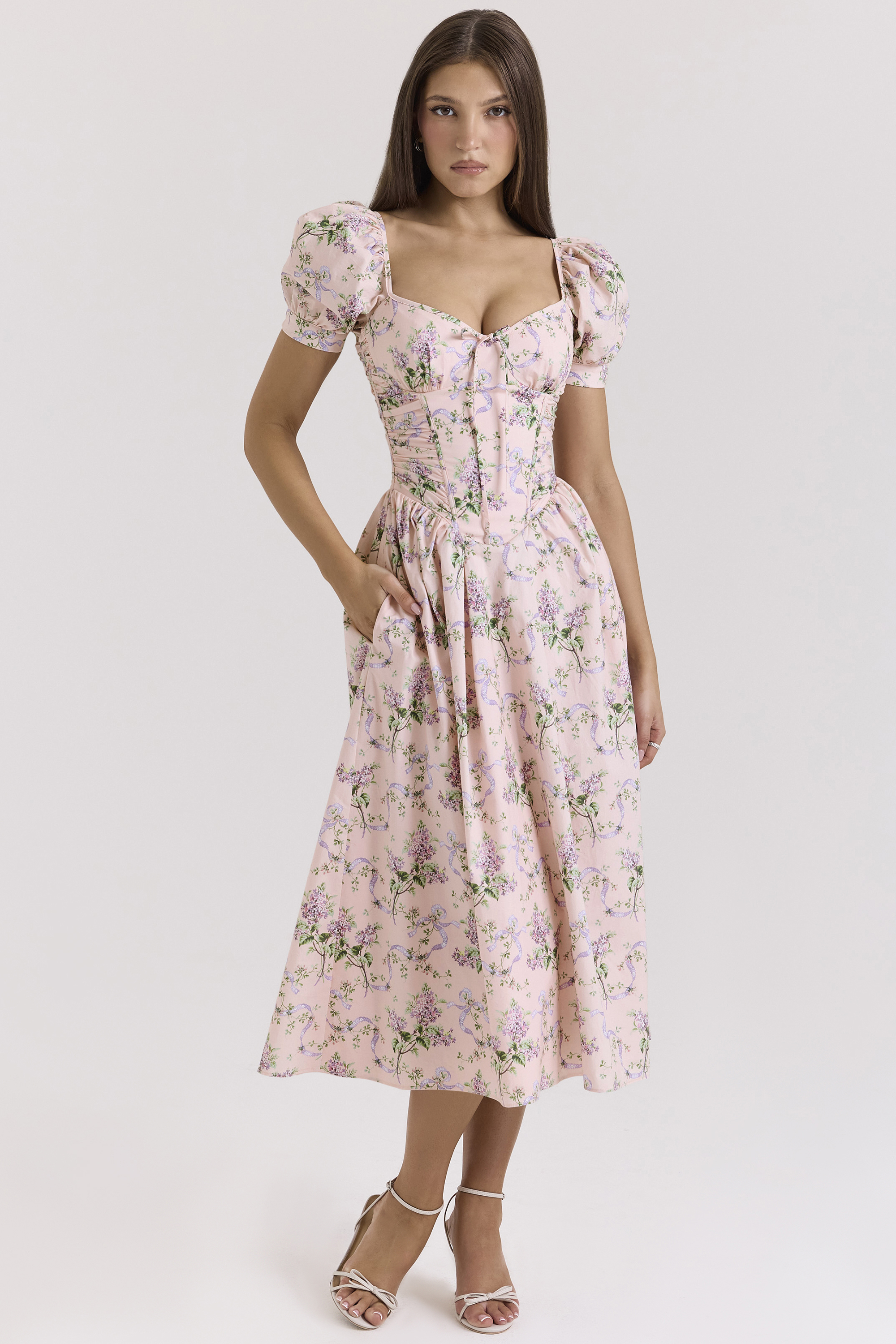 Lulabell Pink Ribbon Print Cotton Midi Dress