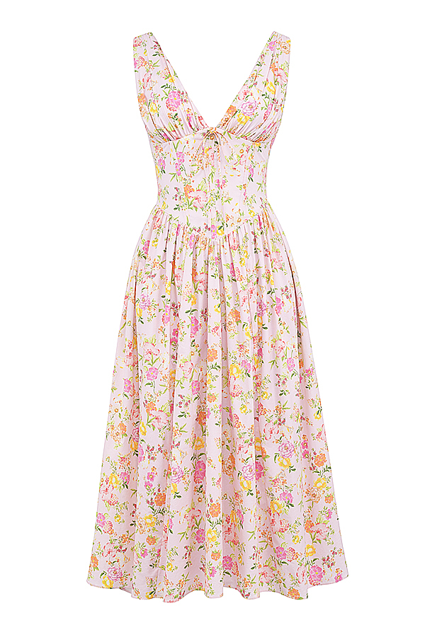 Emmelina Pink Meadow Print Cotton Corset Sundress