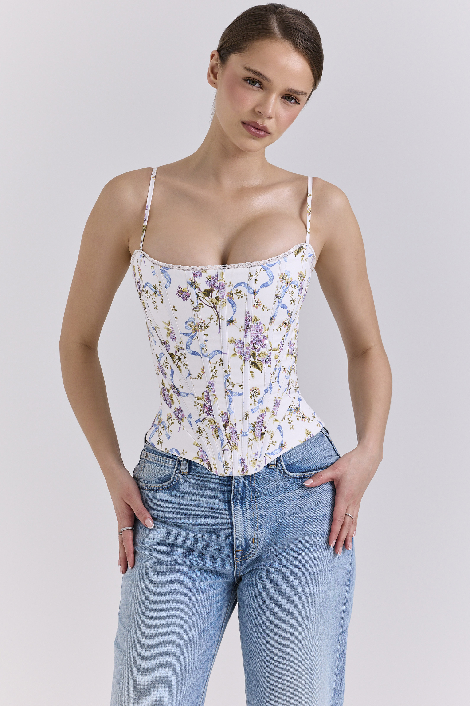 Cadie White Floral Ribbon Print Cotton Corset Top
