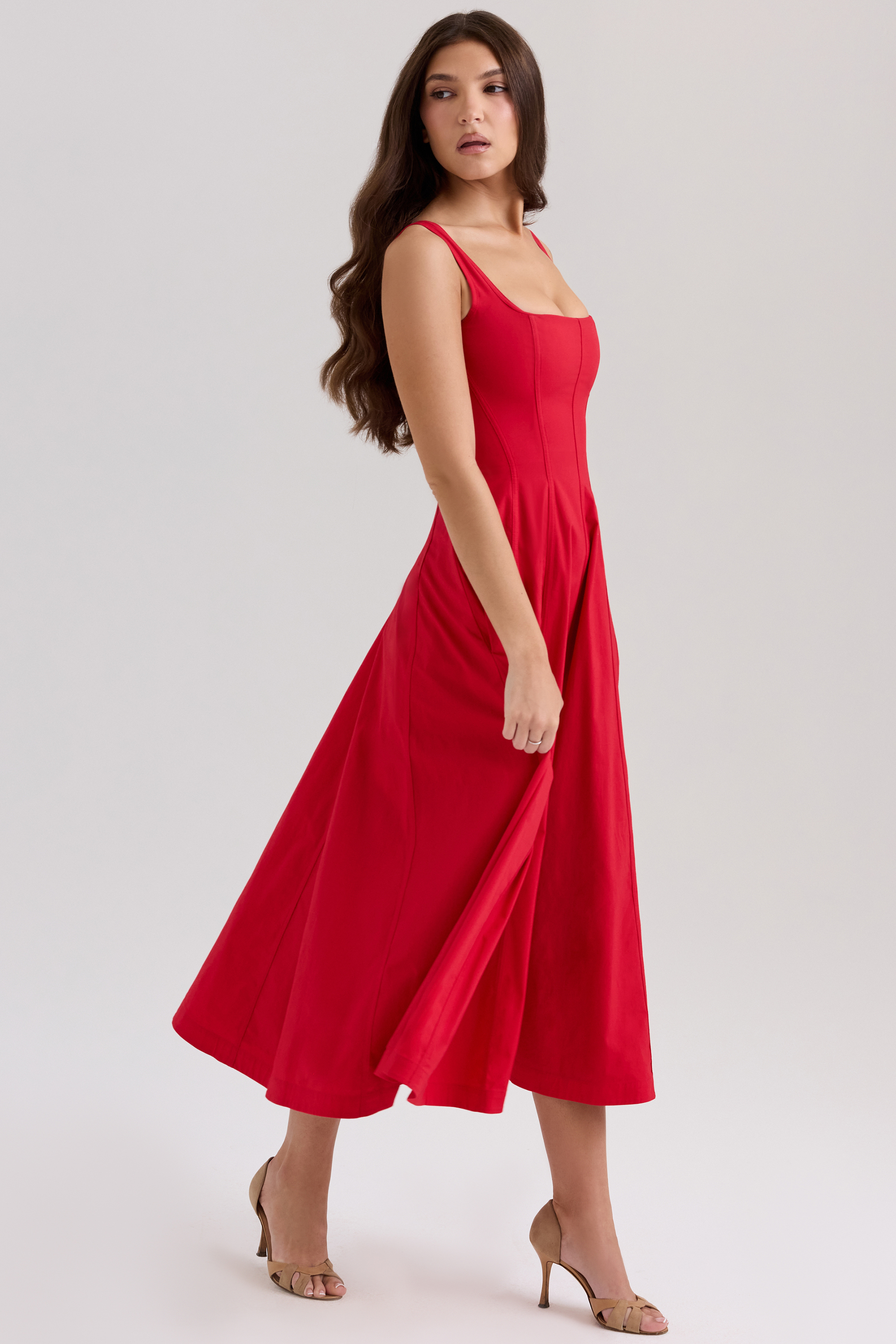 Mariabella Red Stretch Cotton Midi Sundress