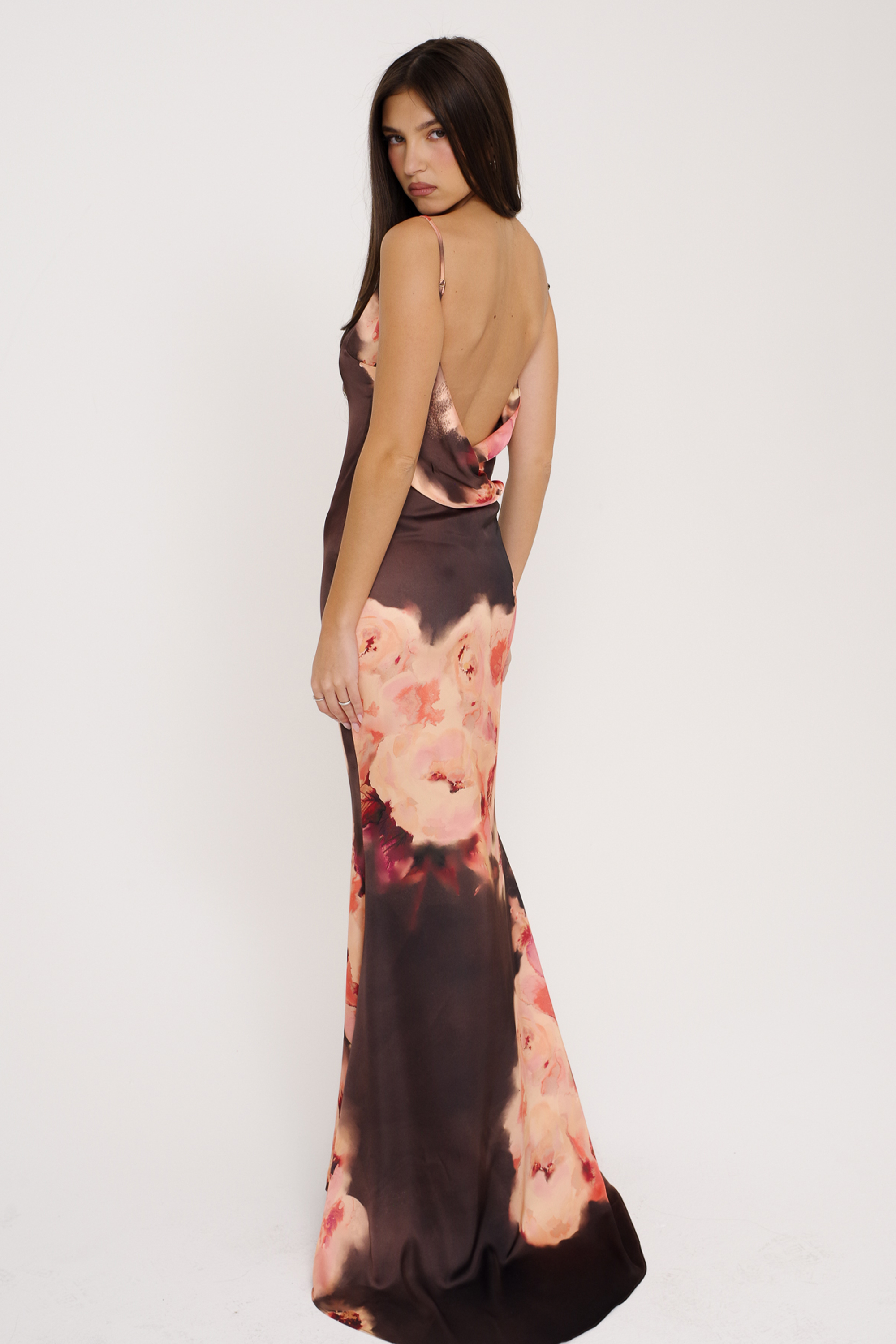Mariamma Dark Brown Floral Printed Satin Maxi Dress