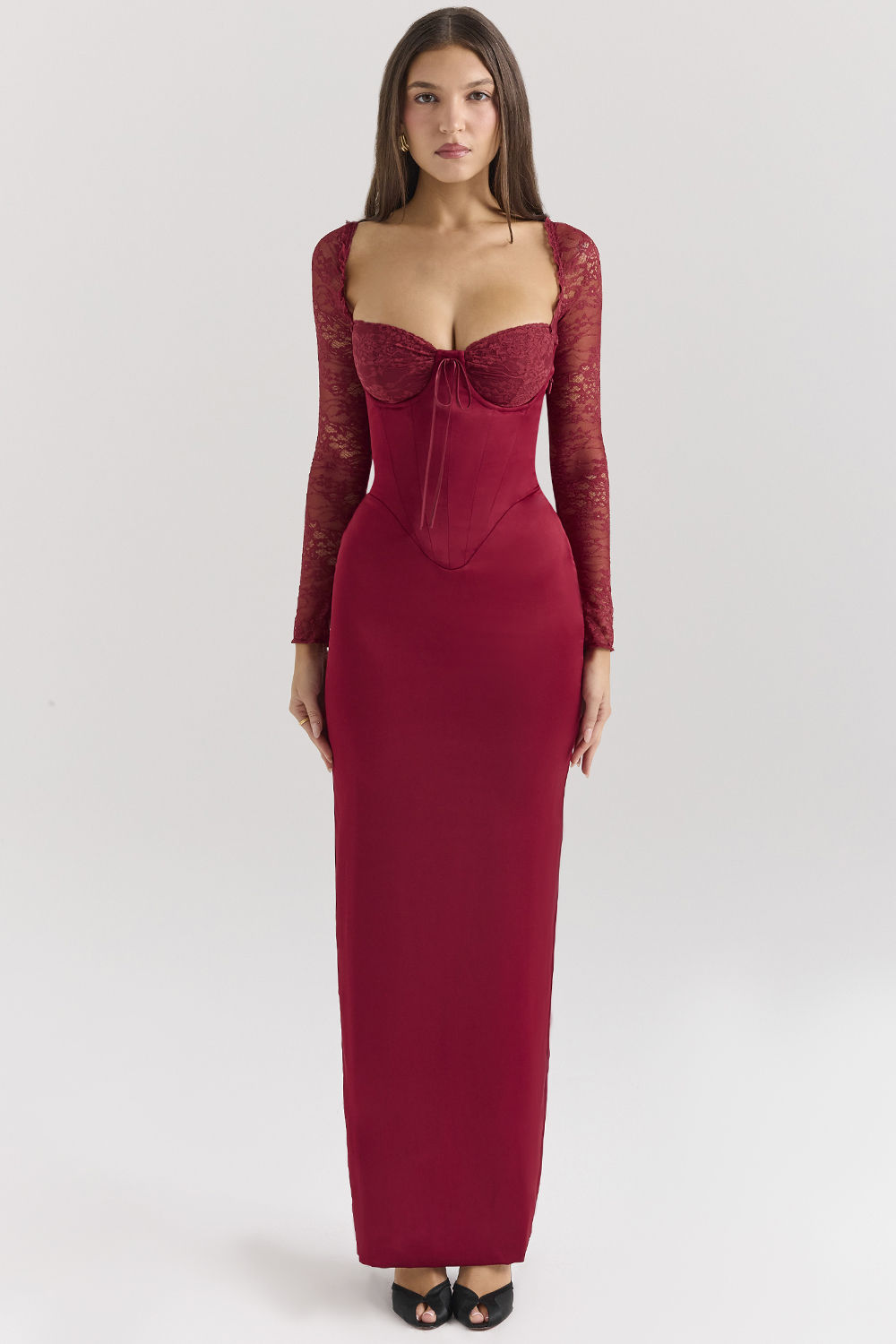 Perdi Berry Satin Maxi Dress with Corset