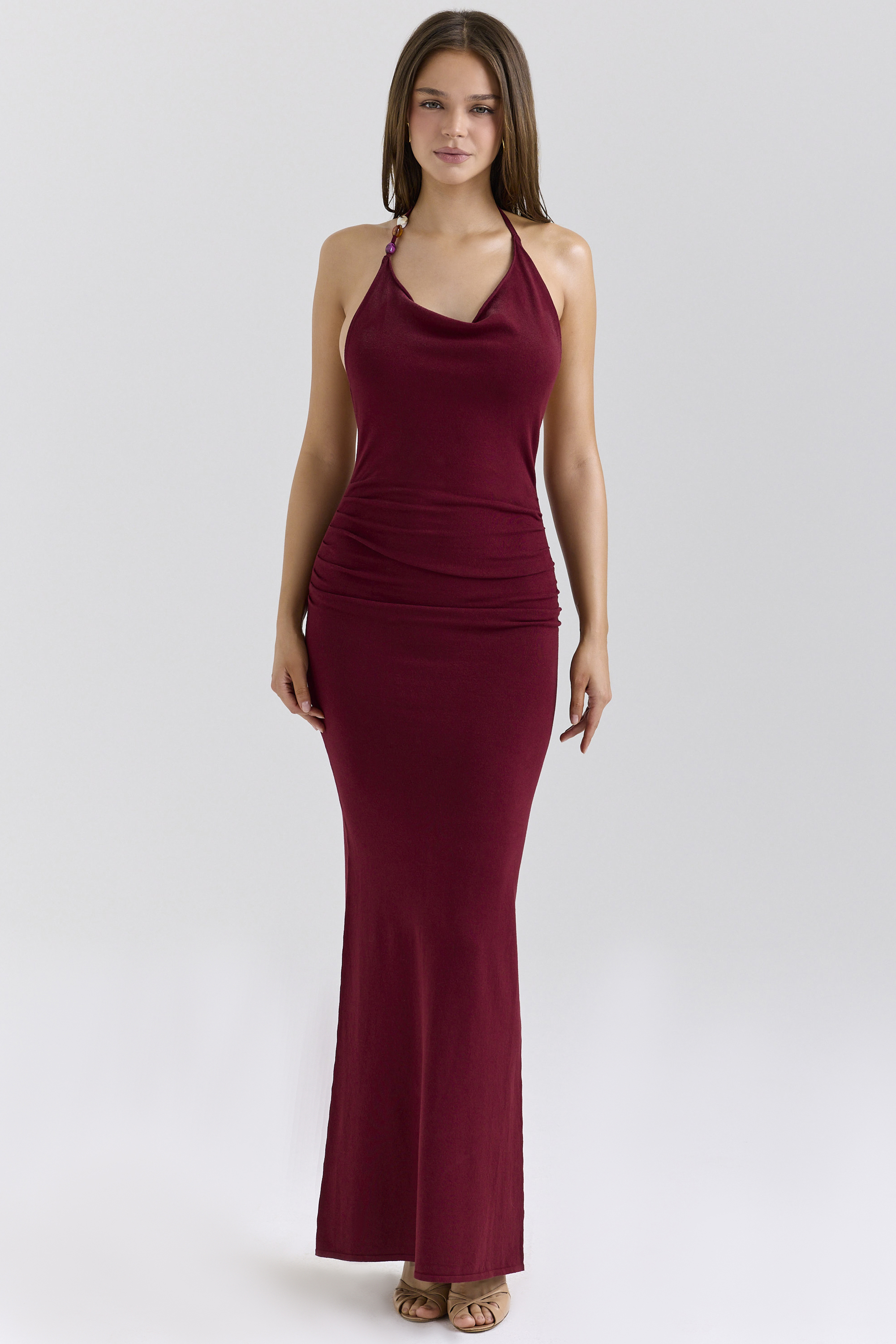 Thalina Wine Draped Halter Neck Maxi Dress