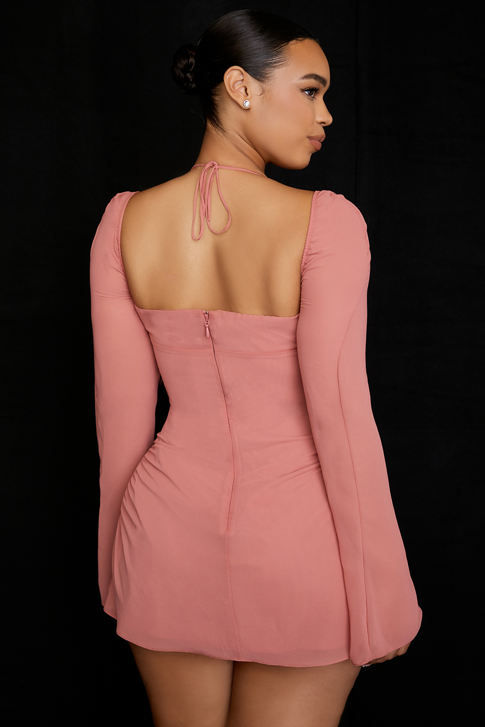 Baby Pink Chiffon Cutout Halter Mini Dress