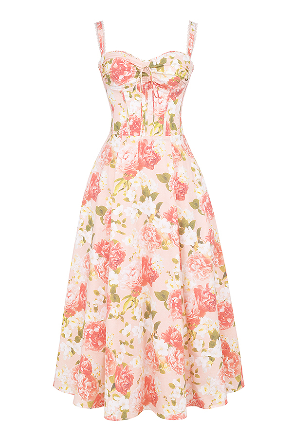 Rosalee Pink Peony Print Cotton Bustier Sundress