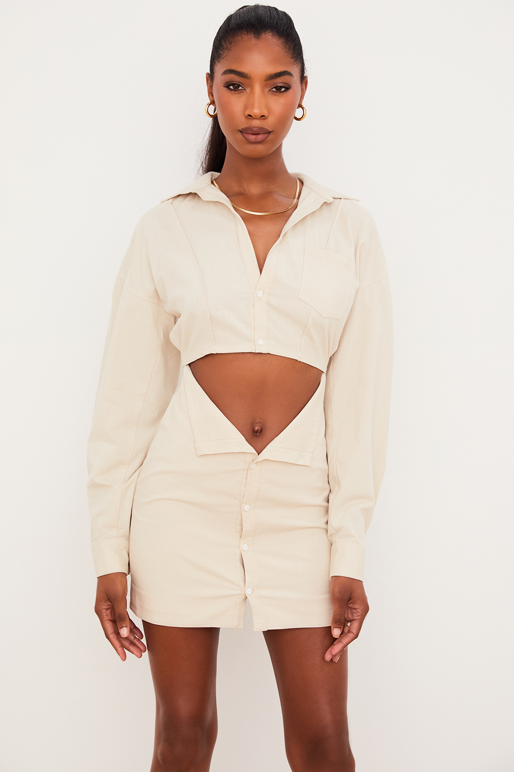 Julietta Beige Linen Cutout Shirt Dress