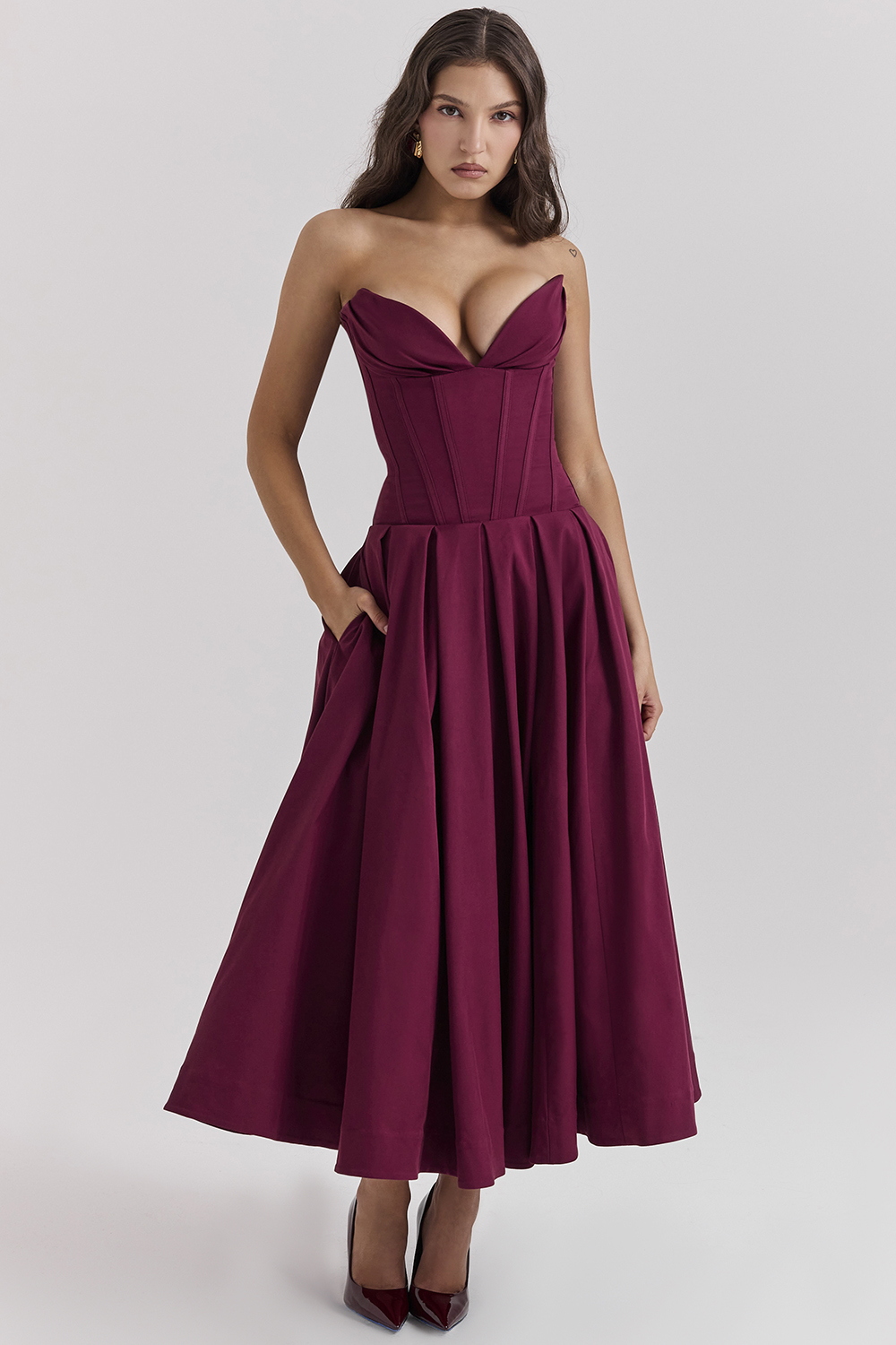 Lady Wine Strapless Midi Dress