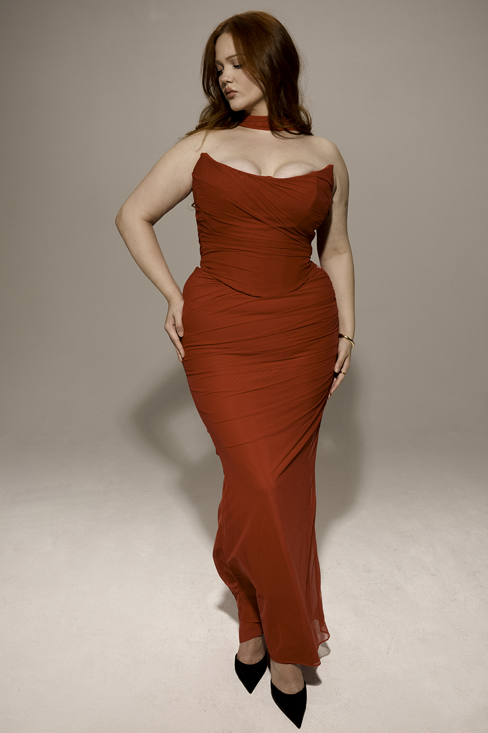 Cassidy Holly Red Mesh Maxi Skirt with Fluted Hem