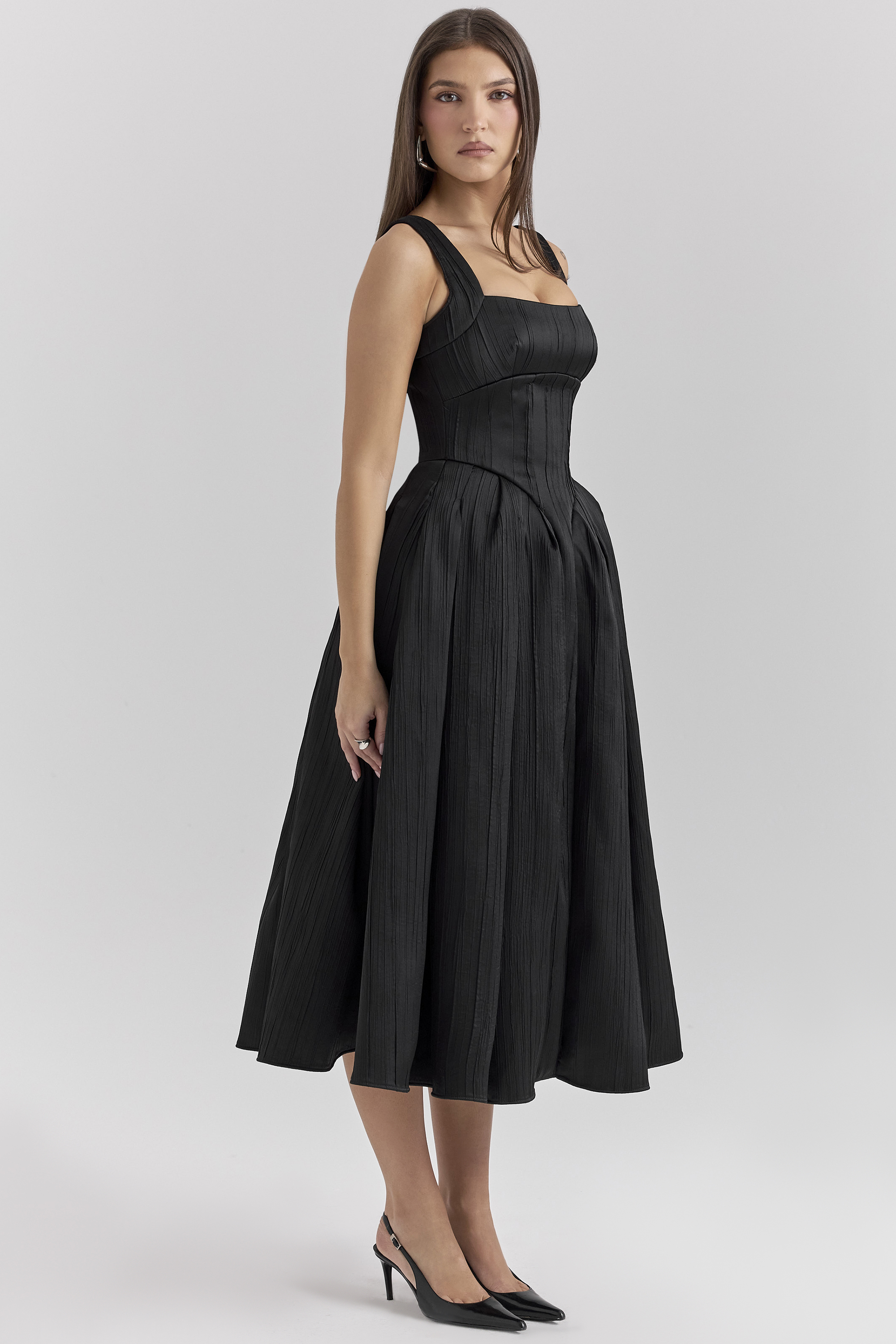 Isabeau Black Textured Satin Corset Midi Dress