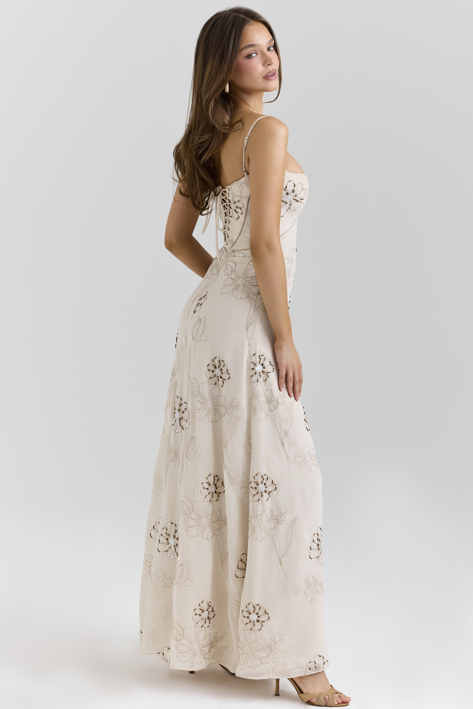 Seren Vanilla Embroidered Hand Beaded Floral Maxi Dress