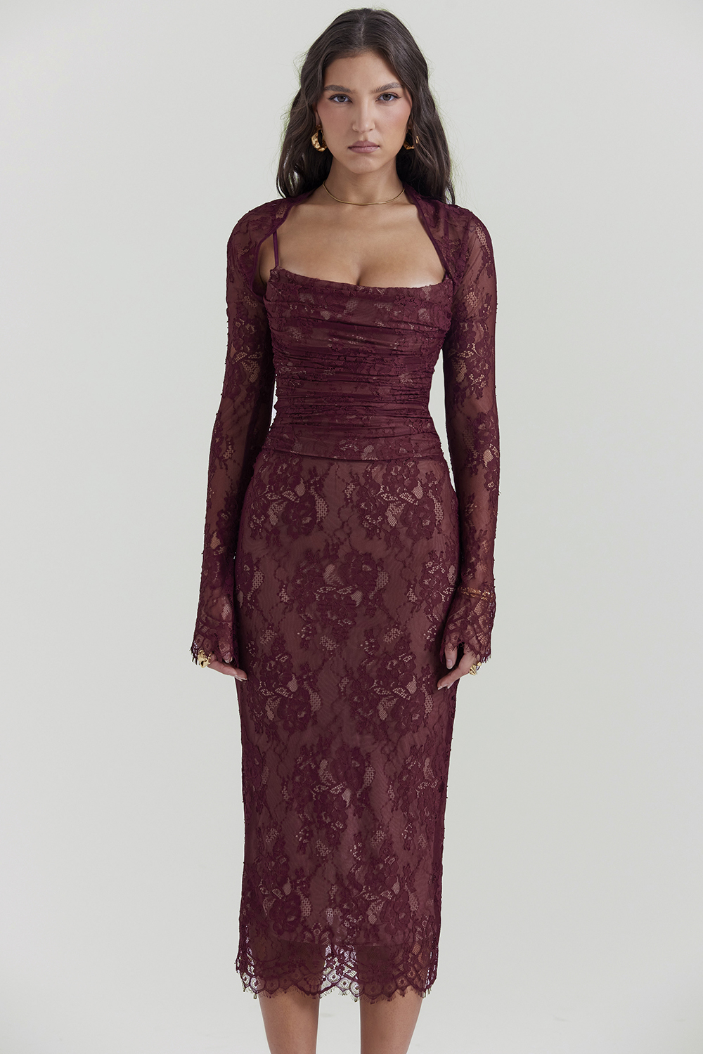 Gaia Claret Lace Midi Dress