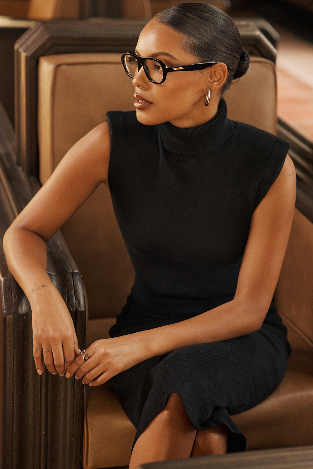 Gaia Black Cashmere Blend Turtle Neck Midi Dress