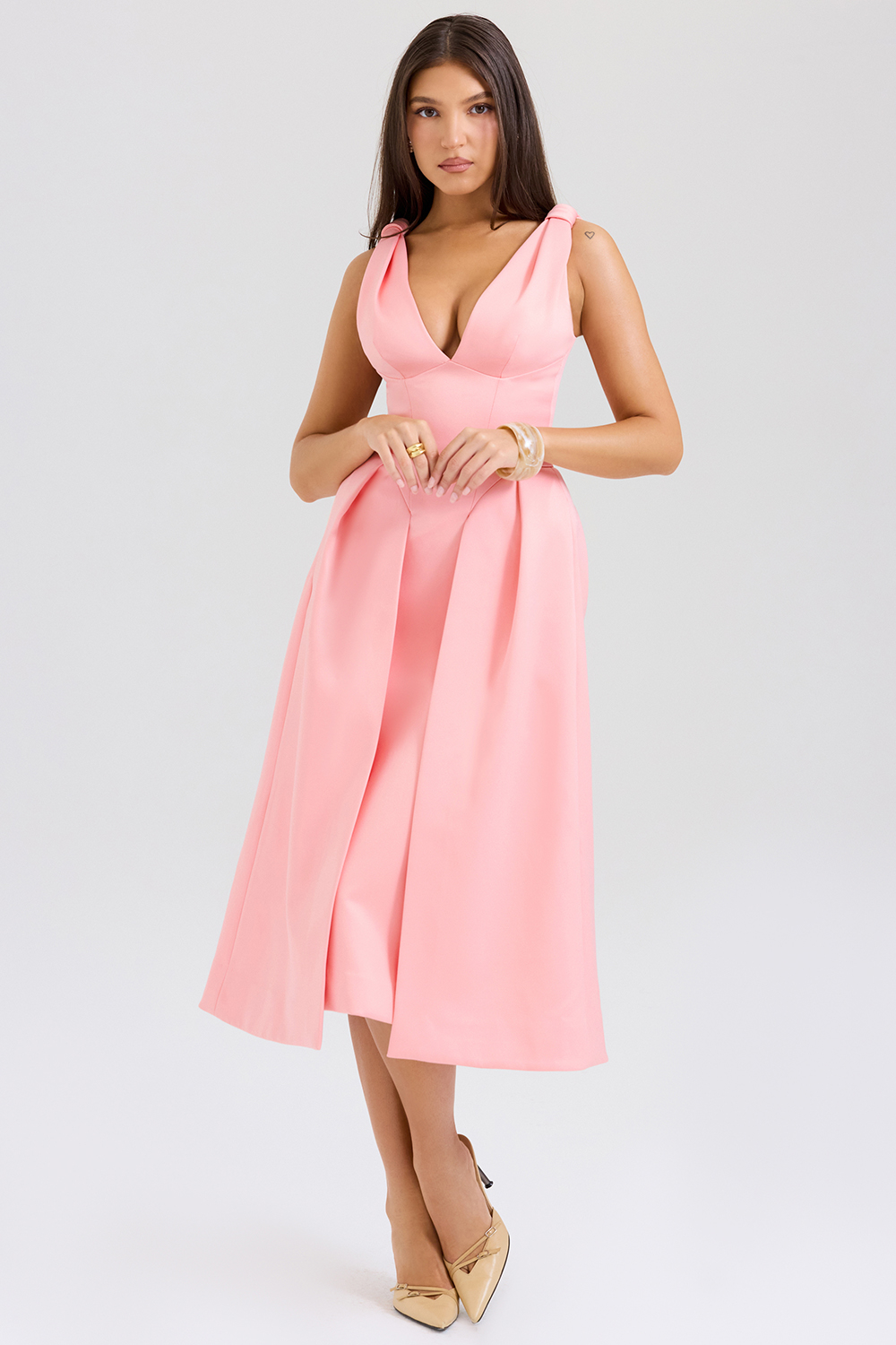 Paloma Peach Satin Pleated Midi Dress - SALE