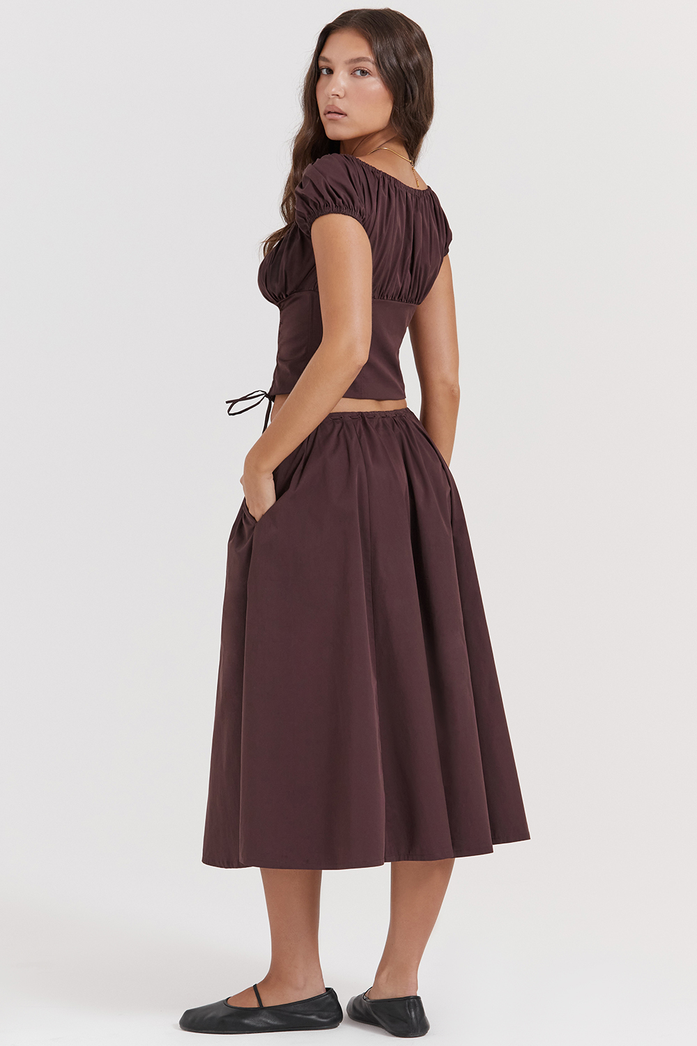 Cora Rich Brown Gathered Midi Skirt