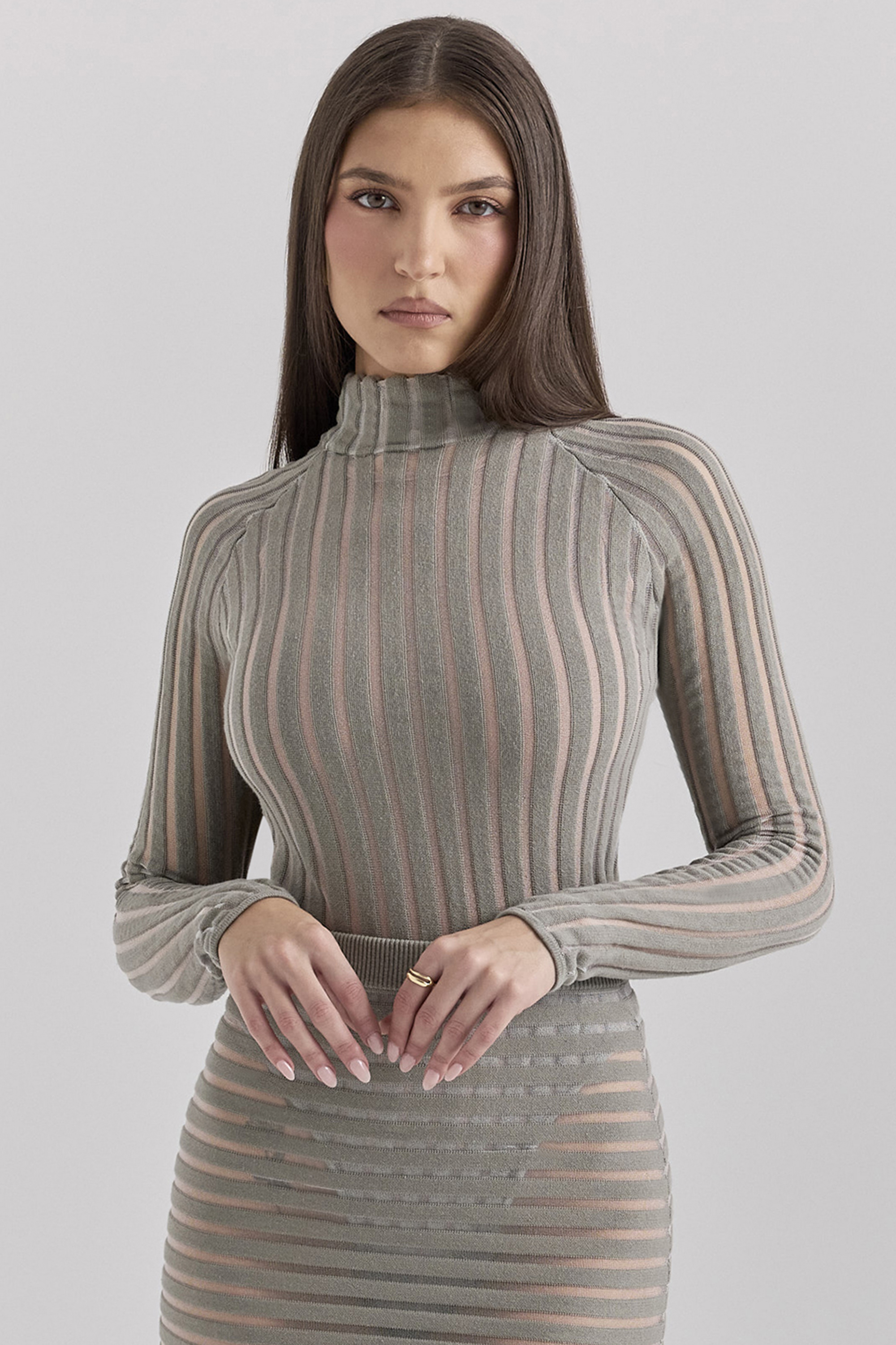 Rowena Grey Velour Sheer Striped Bodysuit