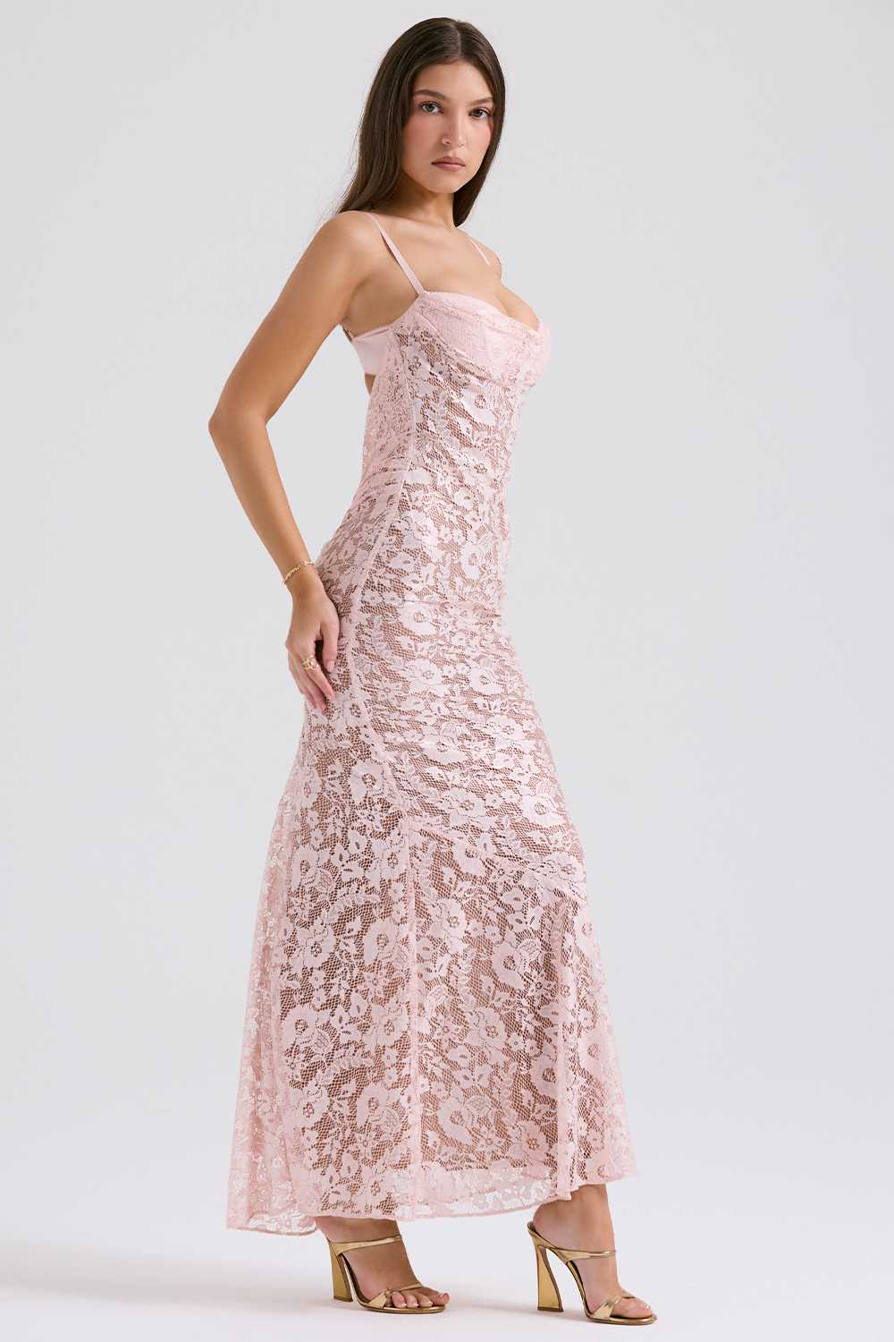 Azzurra Rose Pink Lace Godet Gown