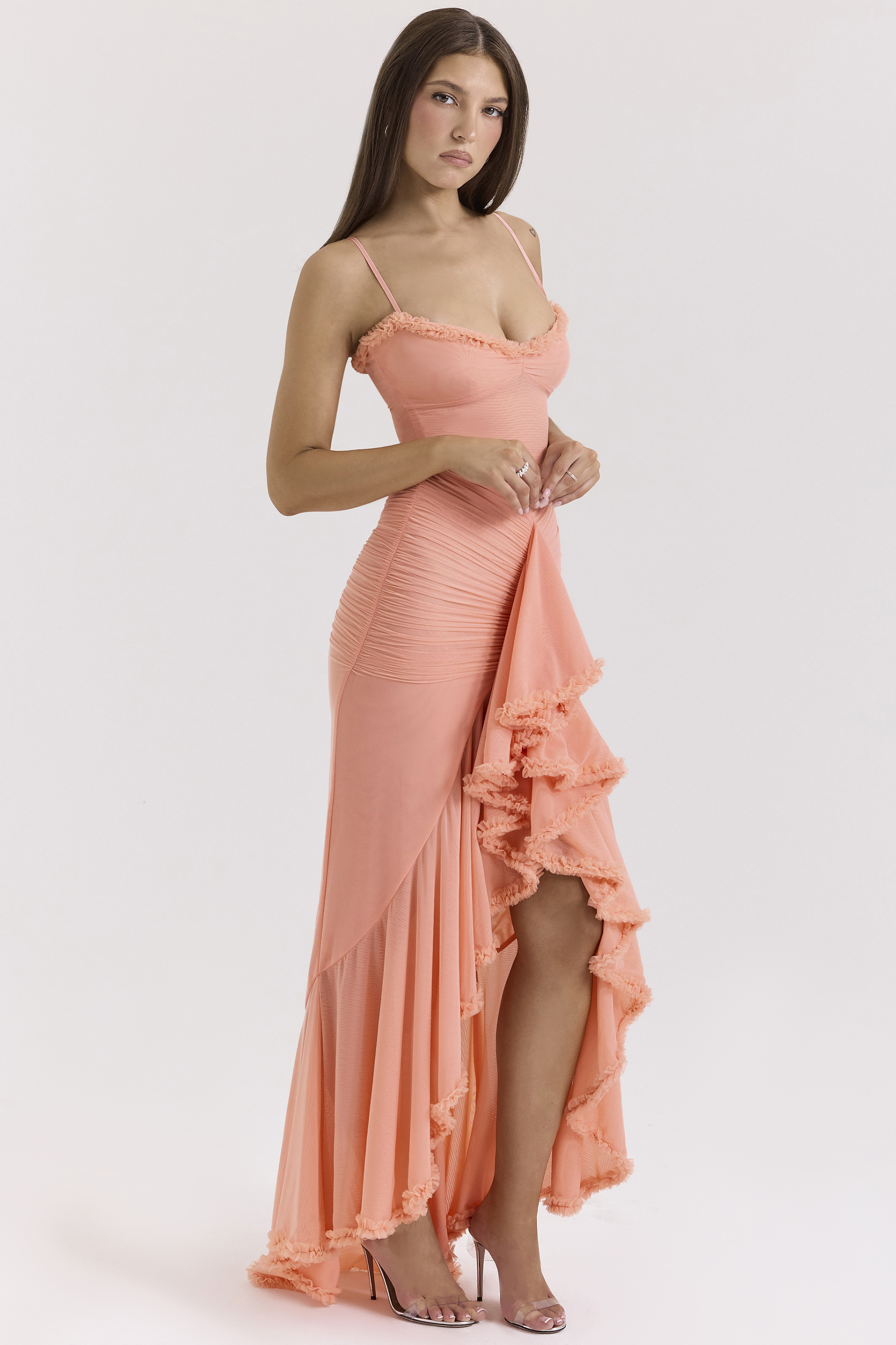 Gabbi Peach Mesh Ruffled Front Gown