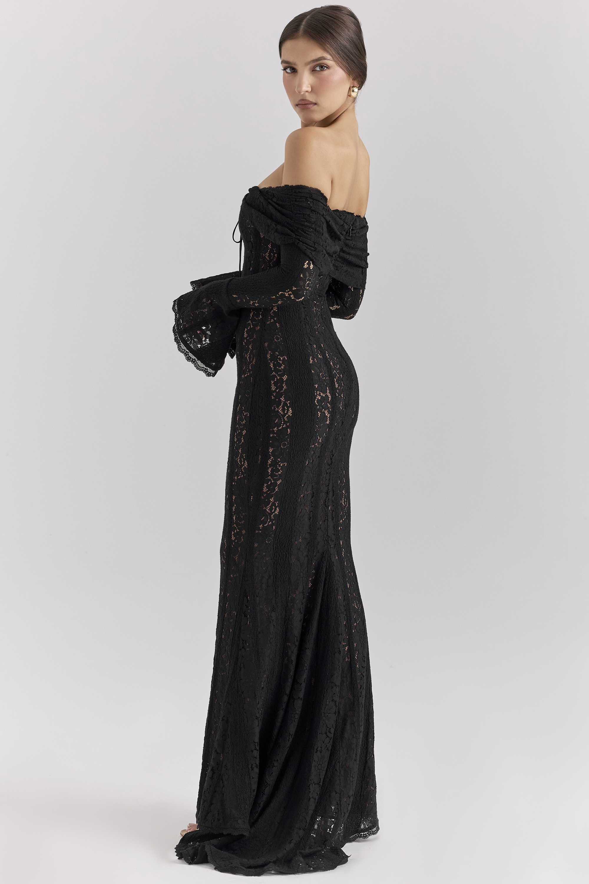 Belle Black Off Shoulder Floral Lace Maxi Dress